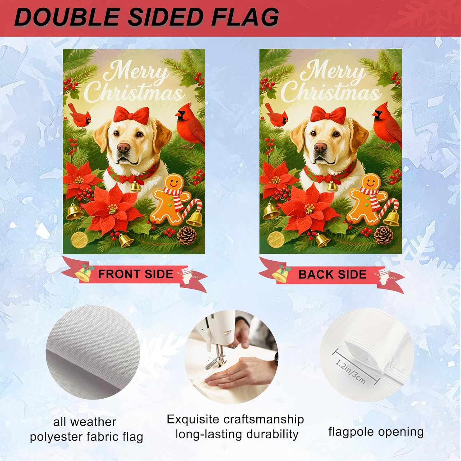 IVN Christmas Garden Flag 12x18 Inch Double Sided Gold Retriever Dog with Red Cardinals and Gingerbread Man Christmas Outdoor Yard Flag for Outside Home Front Door Lawn Porch Patio Winter Welcome Decor - Image 4