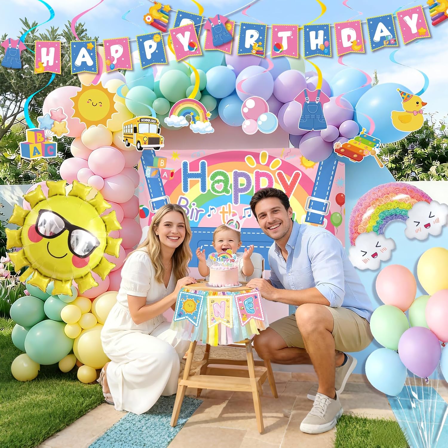 Cartoon English Teacher Party Supplies, 70 pcs Happy Birthday Decorations, Banner Balloons Tablecover Cake & Cupcake Toppers Hanging Swirls Gift Bags Backdrop for Girls Boys Birthday Classroom Decor