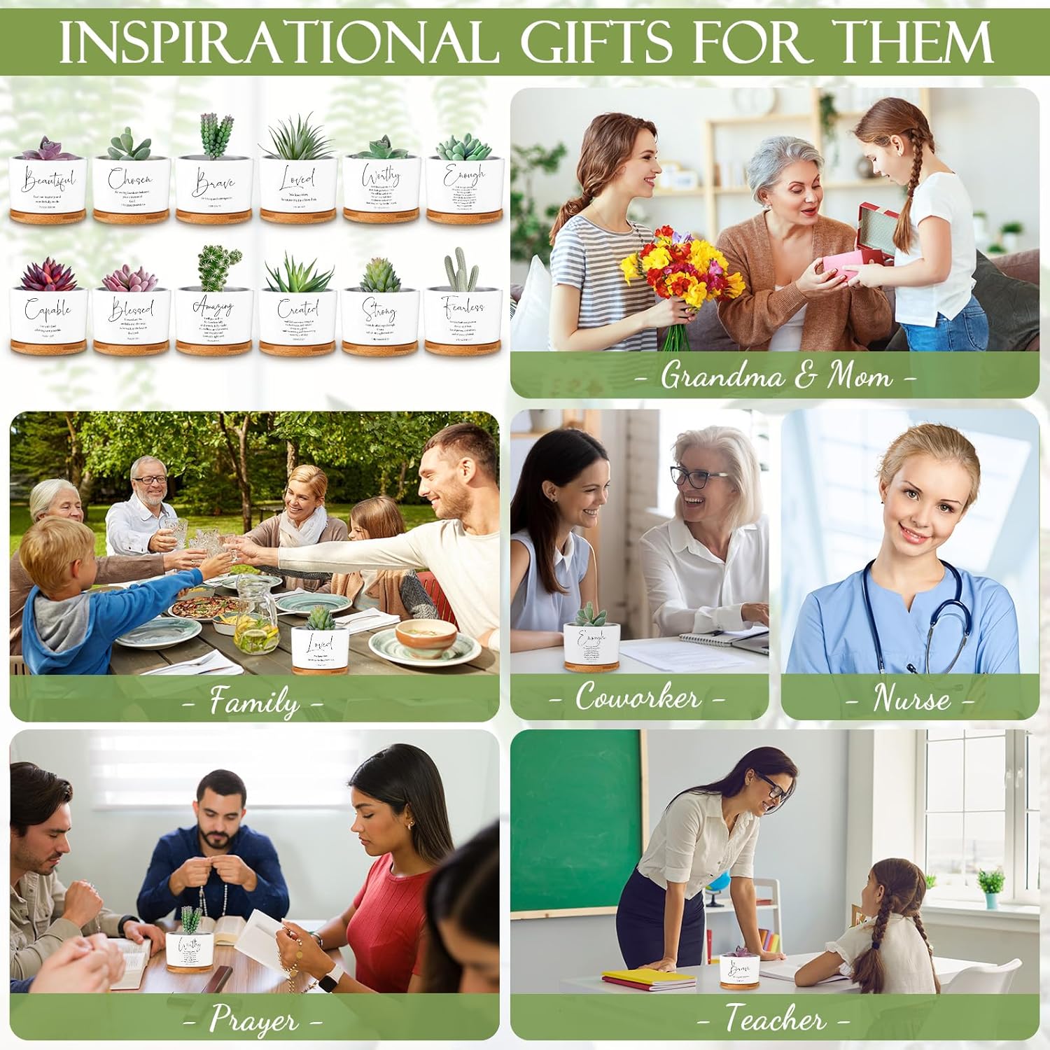 Fumete 12 Pcs Bible Verse Succulent Pots with Bamboo Tray Drainage 3.15 Inch Mini Ceramic Flower Planter Pot Christian Gifts for Women Sunday School Teacher Church Plants Not Included(Special Style)