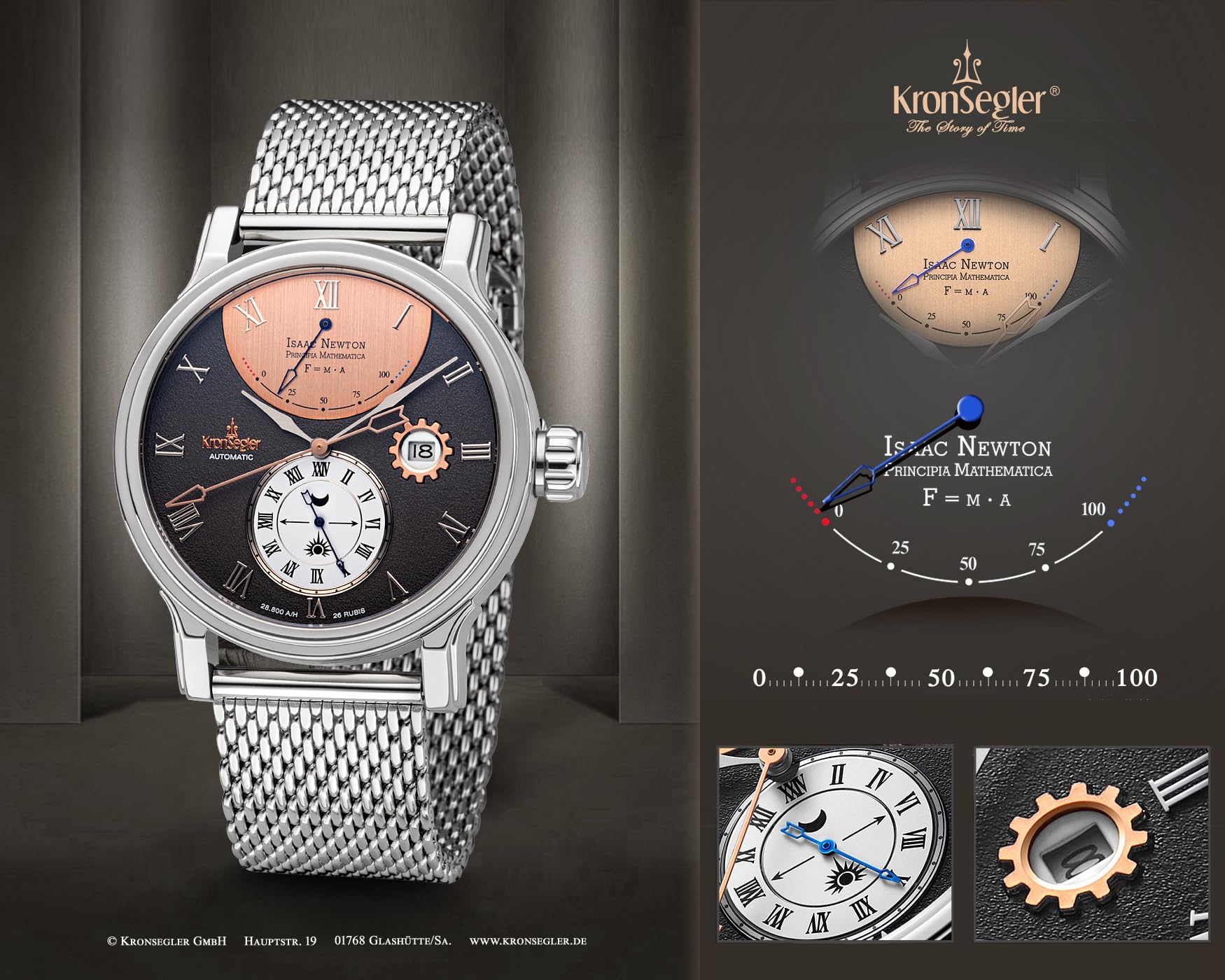 Kronsegler Isaac Newton - Principia Mathematica Herren Armbanduhr Automatik Stahl-Umbra