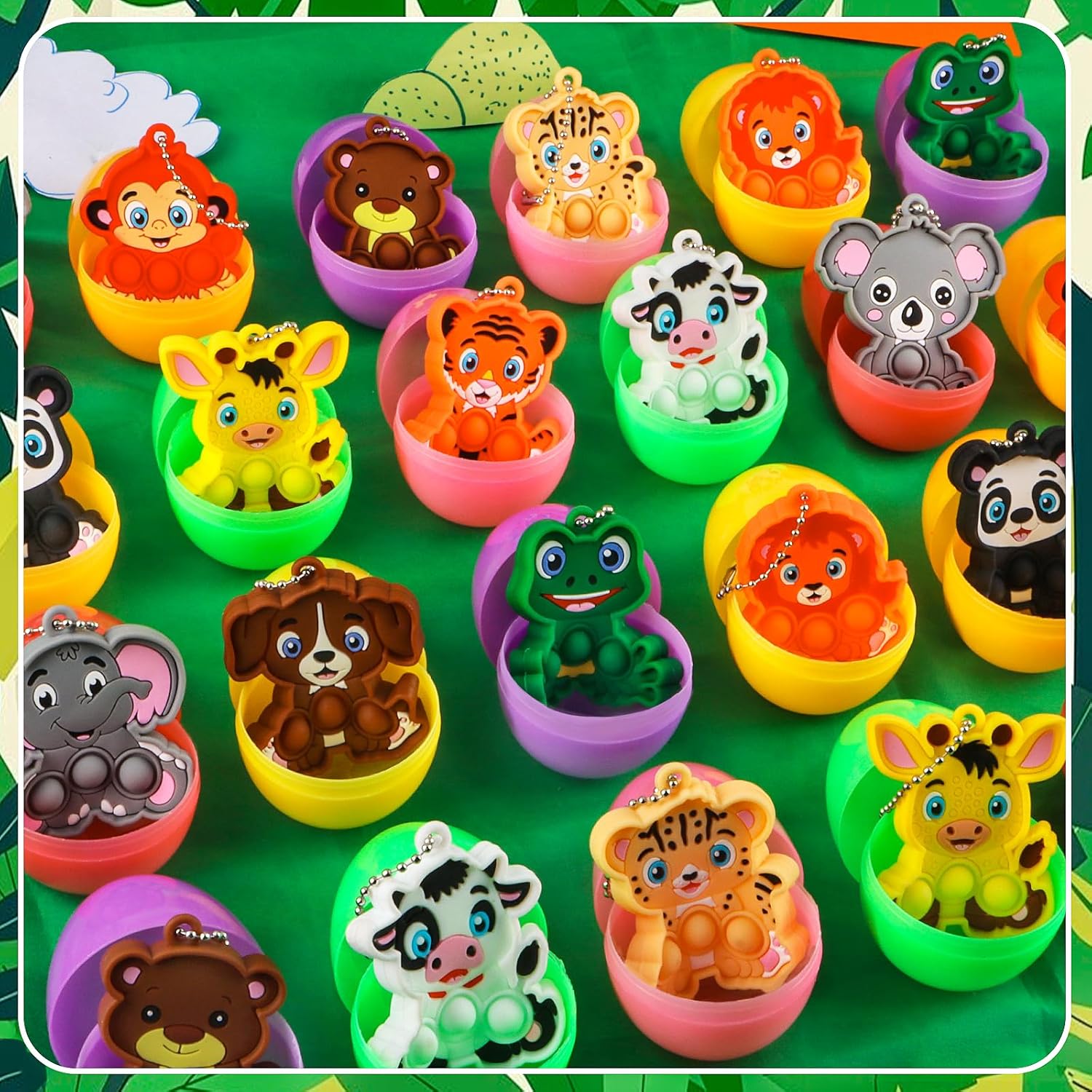 Kiss Monkey 24 Pack Prefilled Easter Eggs with Animal Pop Fidget Toys Inside, Easter Basket Stuffers, Easter Eggs Fillers,Easter Party Favors for Kids
