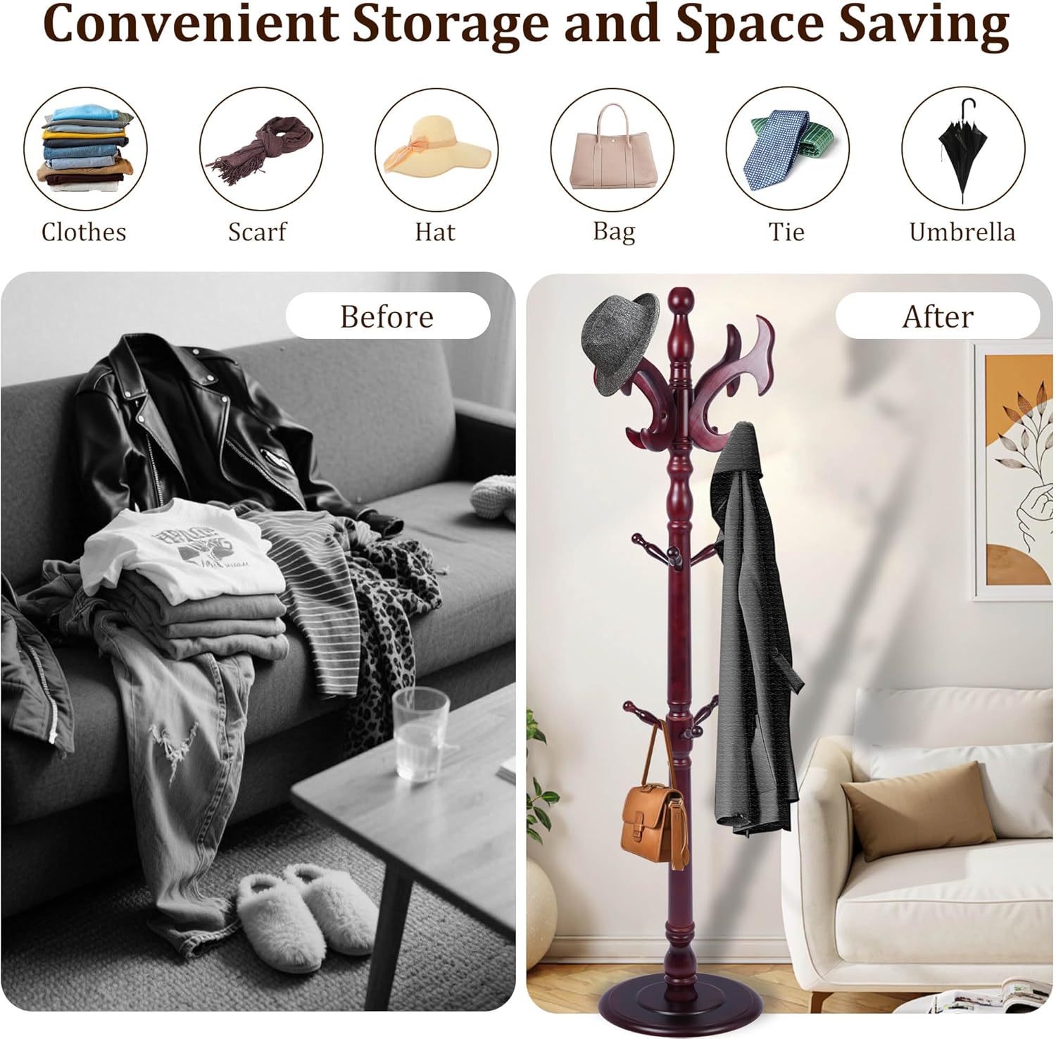 Wooden Coat Rack Freestanding with 14 Hooks Antler Shaped, 72'' Vintage Coat Racks Tree, Adjustable Height, Coat Hanger Stand with Sturdy Base, Coat Tree Hats Hanger for Living Room, Bedroom, Entryway