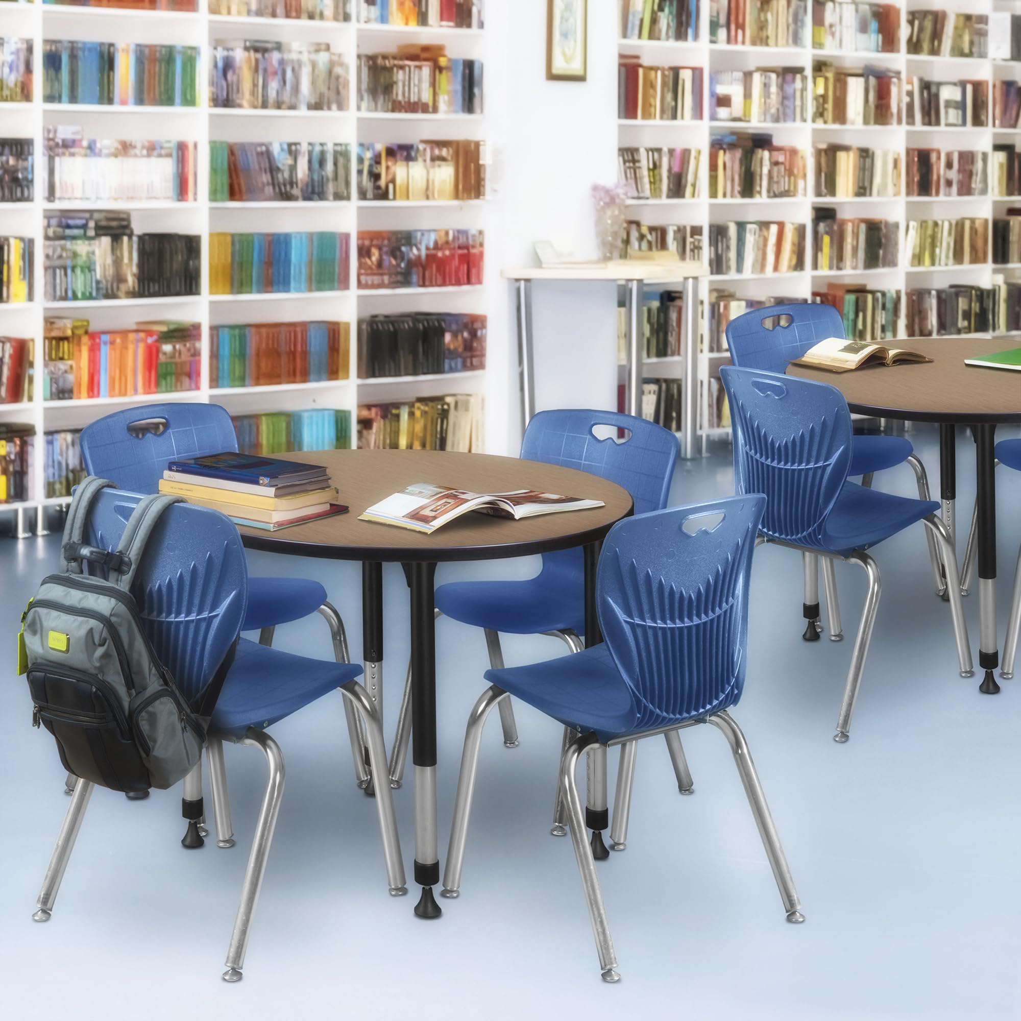 Regency Kee 42 in. Round Adjustable Classroom Table- Noble Oak Top, Black Base & 4 Andy 18 in. Blue Stack Chairs