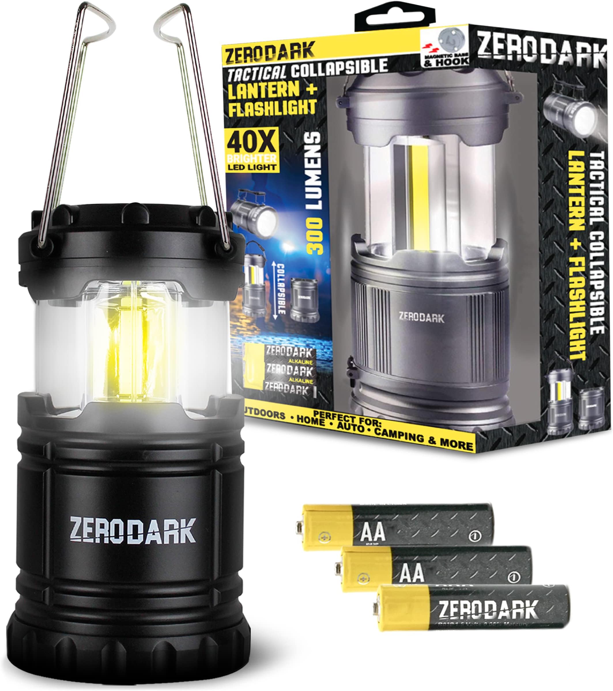 ZeroDark LED Lantern Flashlight Battery Operated Lantern Combo 2 in 1 Camping Flashlight Collapsible Batteries Included (3x AA) for Power Outage, Emergency, Outdoor Camping Lights