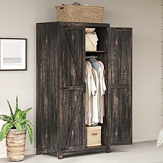 Farmhouse Armoire Wardrobe Closet with 2 Barn Doors, 71'' Storage Cabinet with Hanging Rod & Shelf, Versatile Clothing Storage for Bedroom, Black Walnut