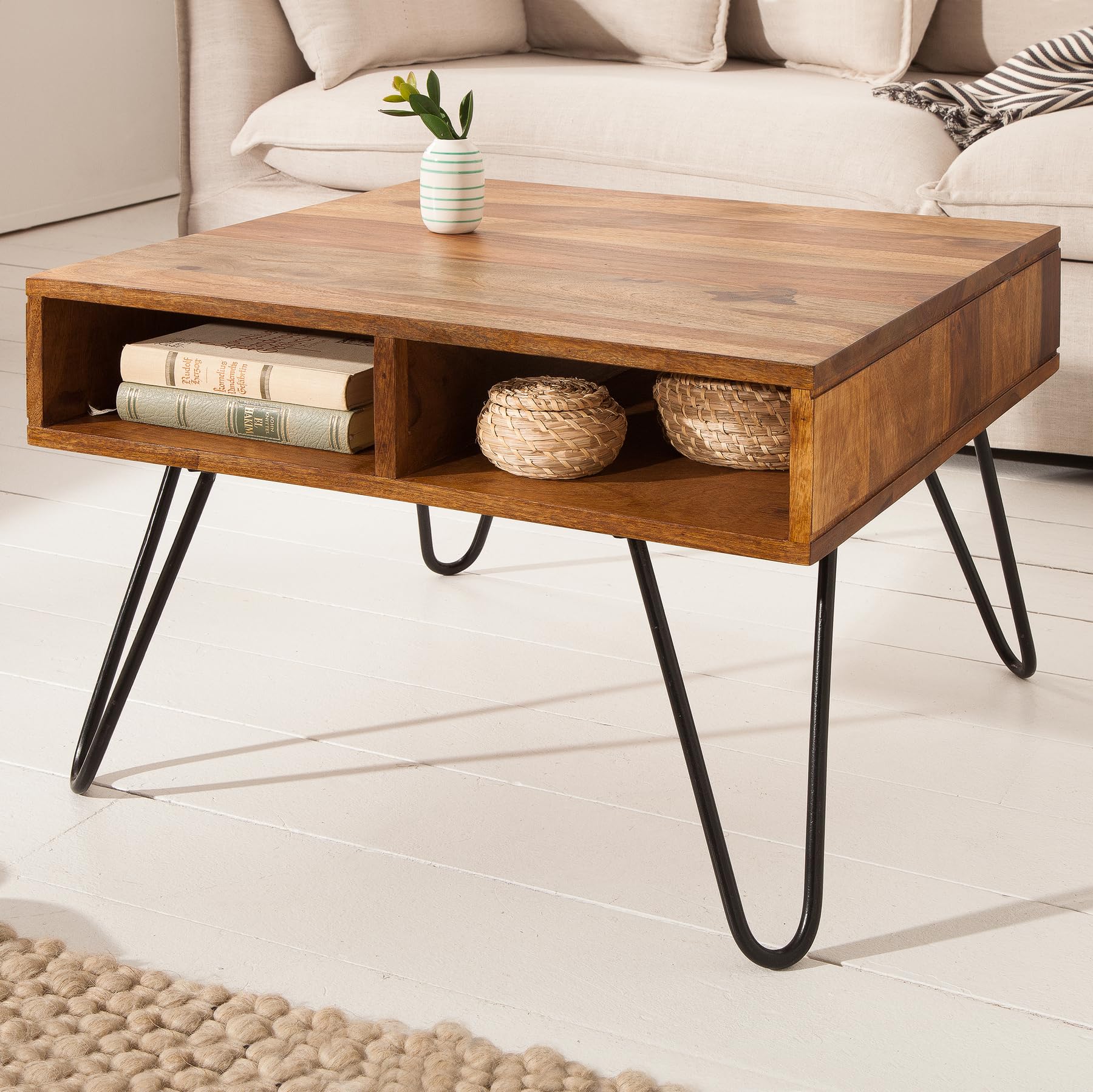Couchtisch SCORPION 60cm - schwarz natur - Sheeshamholz - robust | Stauraum, Massivholz, Unikat, individuelle Maserung, angenehme Haptik, Metallgestell, Retro Look