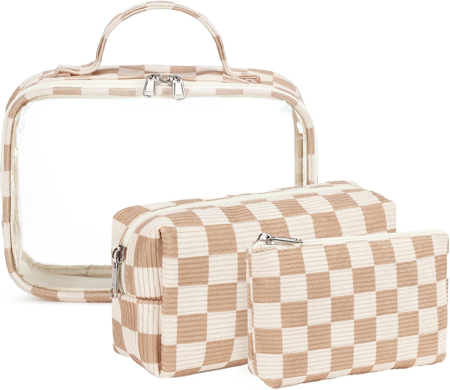 Bluboon 3Pcs Makeup Toiletry Bag for Women, Clear Packing Cubes Cosmetic Bag for Travel Women With Zipper Travel Essentials (Corduroy Checkered)