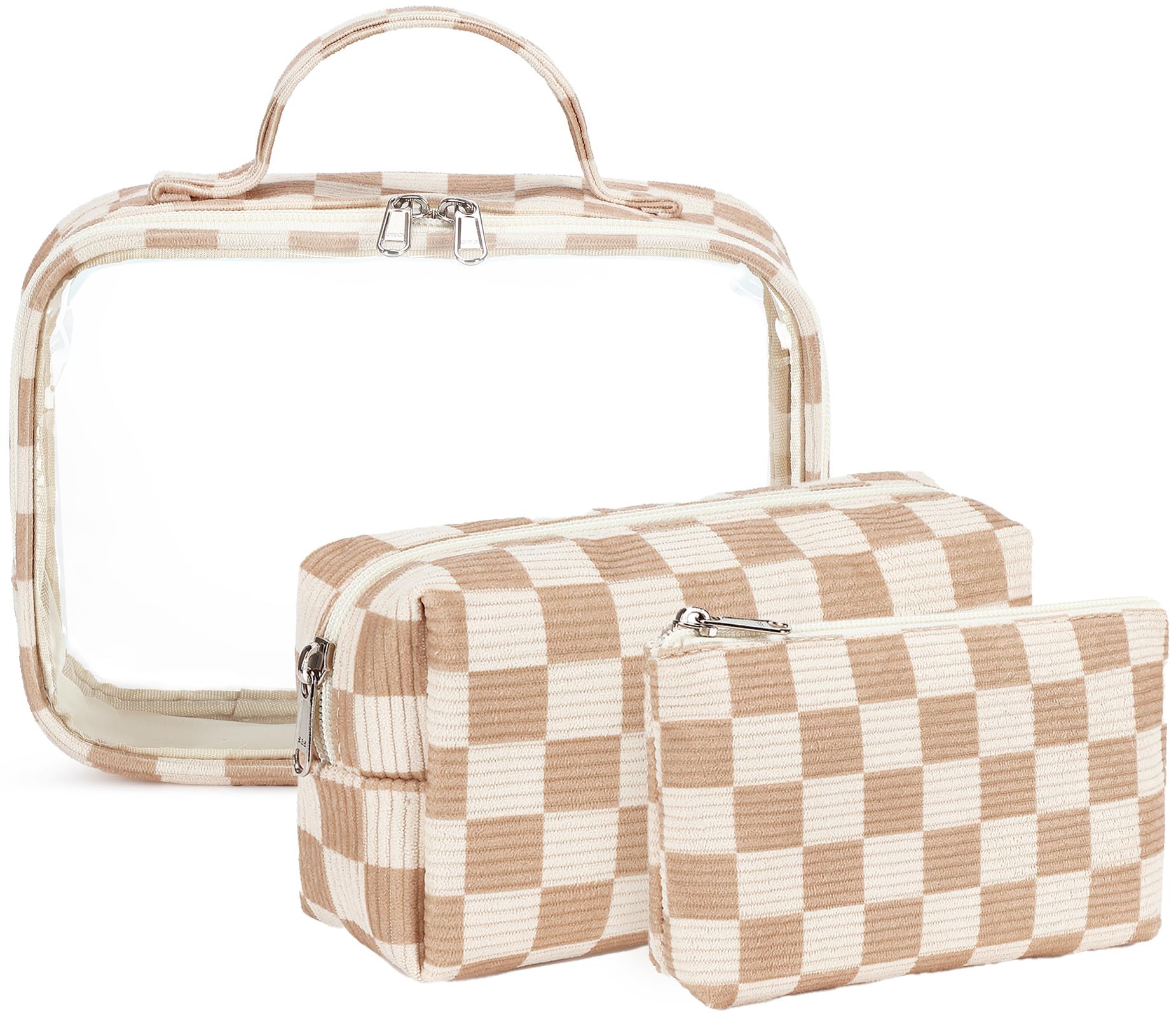 Bluboon 3Pcs Makeup Toiletry Bag for Women, Clear Packing Cubes Cosmetic Bag for Travel Women With Zipper Travel Essentials (Corduroy Checkered)