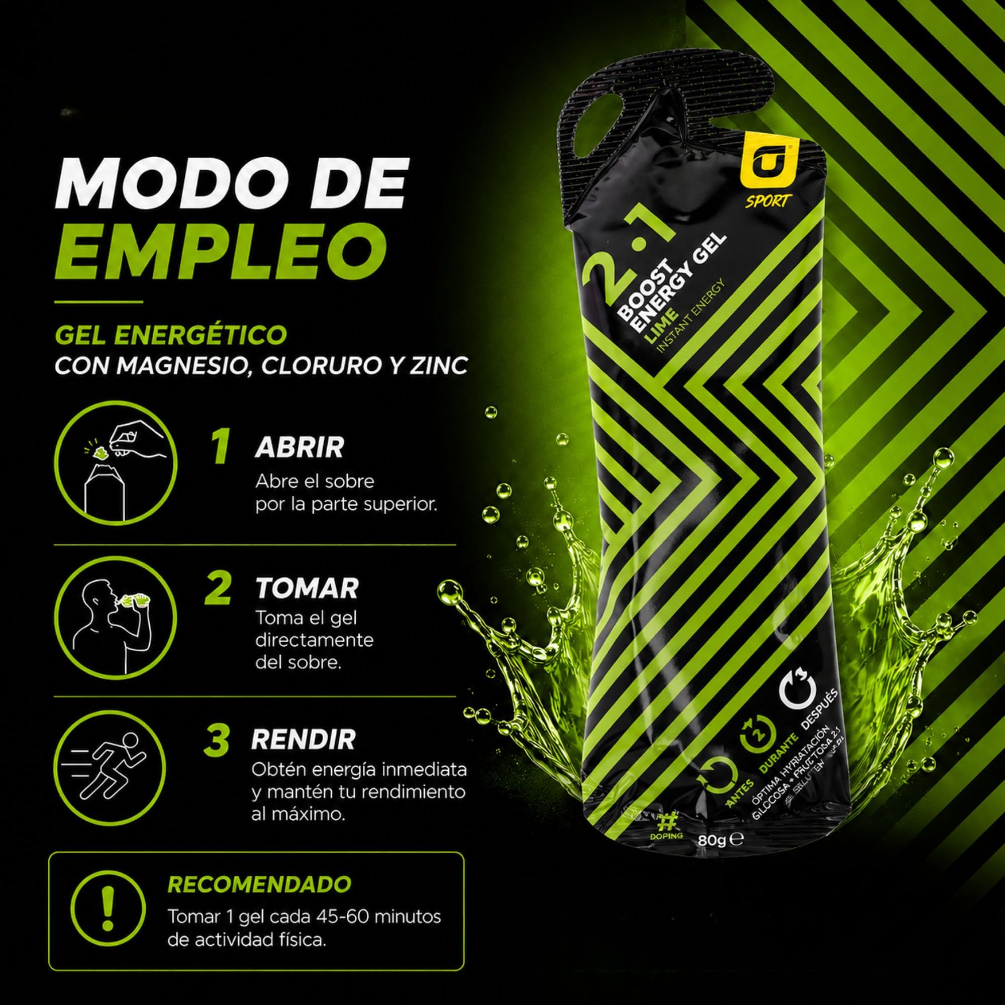 PACK 6 Gel Energético con Magnesio + Glucosa + Electrolitos y Zinc para Deportistas Ciclismo Running y Calambres Musculares - Sabor Limón Sin Gluten - Sobres Apto Veganos | RECUPERATION