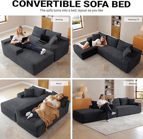 Miniatura 3 de Cloud - Sofá modular moderno con asiento profundo, sofás de pana sin hueso con diván en forma de L para sala de estar, no requiere montaje (negro,