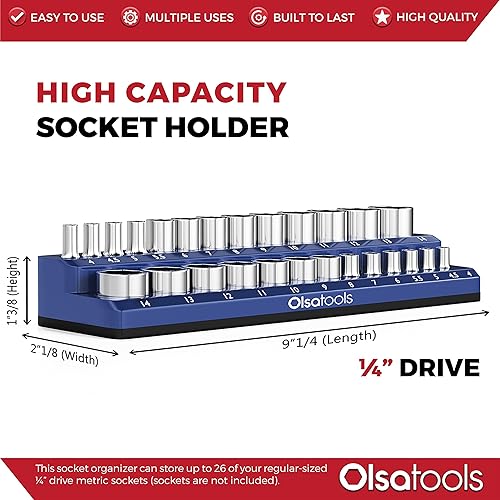 Miniatura 3 de Olsa Tools Portadados magnético, para dados métricos con cuadros de mando de 14 de pulgada, color azul, caben 26 dados, organizador de herramientas