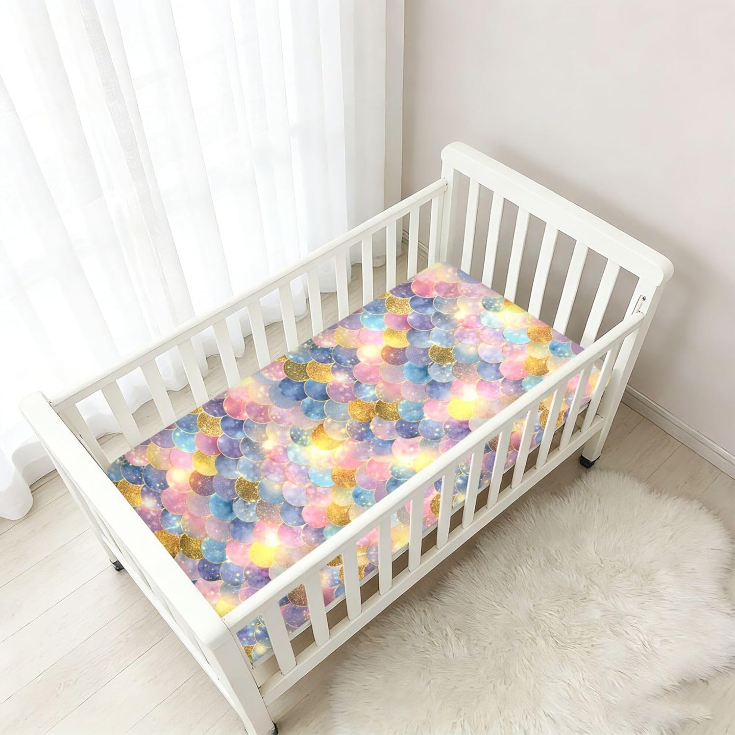 Rainbow Galaxy Mermaid Scales Crib Sheets Soft Breathable Fitted Cotton Baby Crib Sheets Mattress Cover for Girl Boy, 52" x 28" x 9"