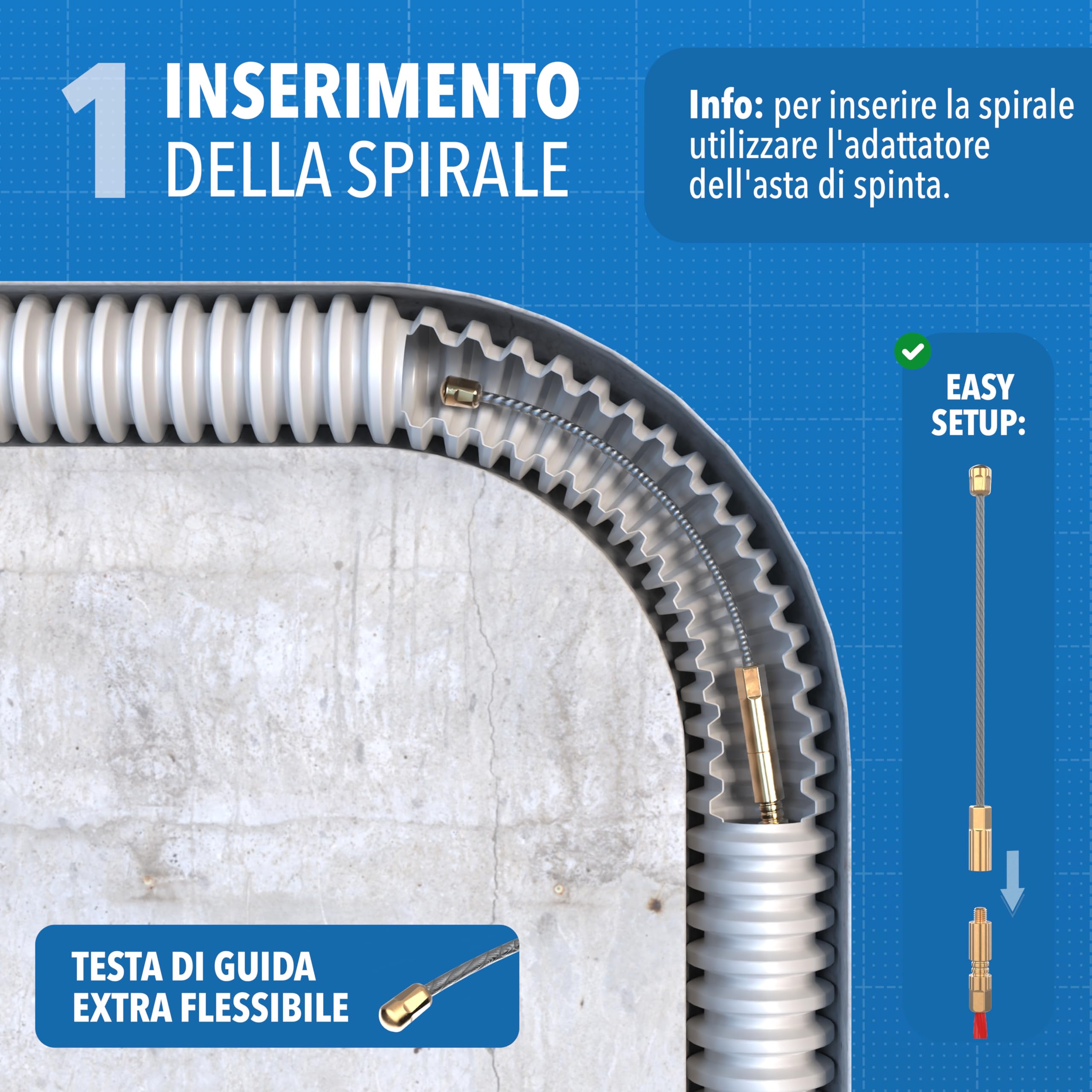 Spirale di ritiro 30 m – Aiuto di ritiro del cavo, spirale con molla di ritorno, aiuto per tubi vuoti, cavo per tubo vuoto, filo di trazione, estrattore per cavi e installazioni elettriche