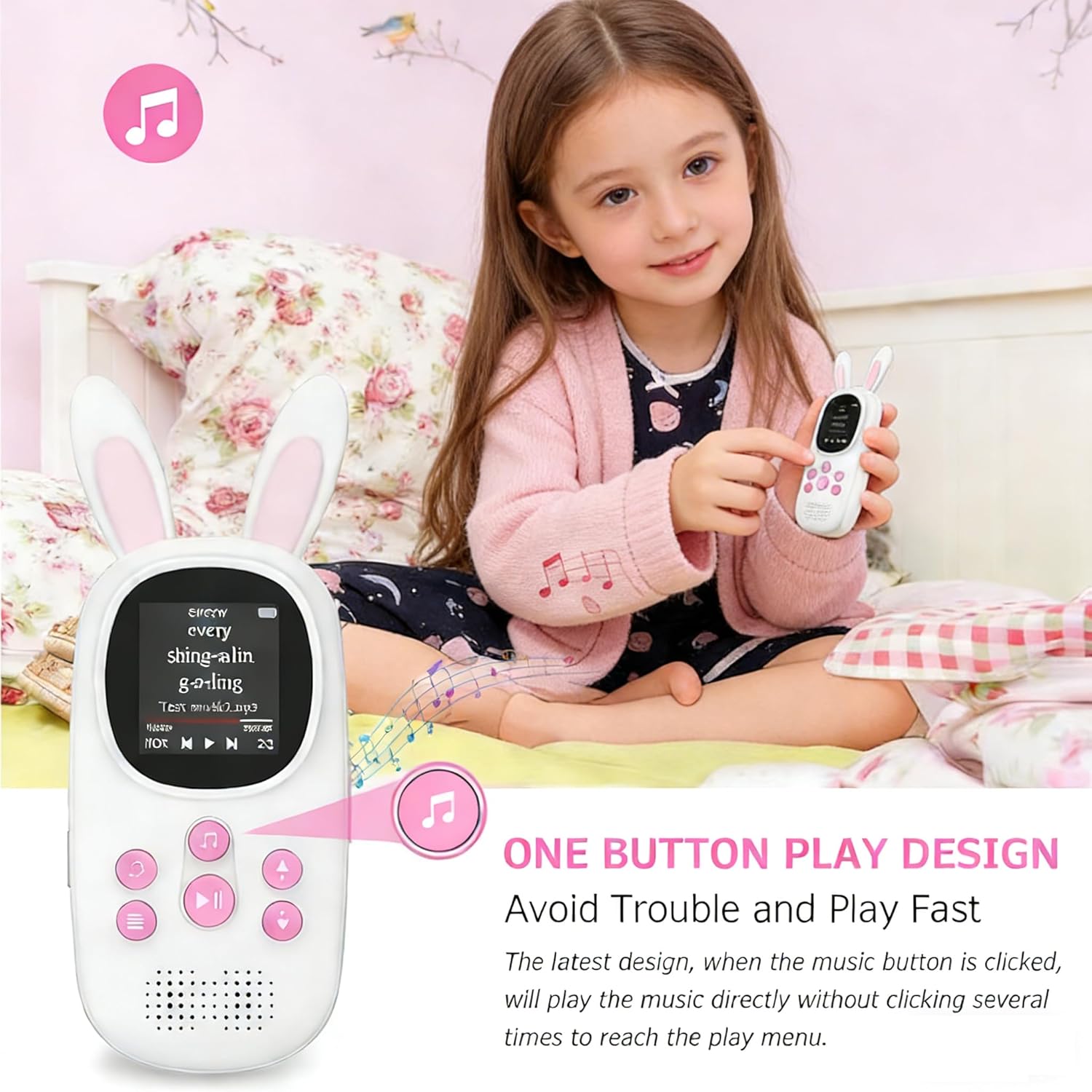Mp3 Player for Kids, Cute Bunny Kids Mp3 Player with Bluetooth, 32GB Mp3 Players with Speaker, FM Radio, Recordings, Alarm, Pedometer, Stopwatch, Support up to 128GB