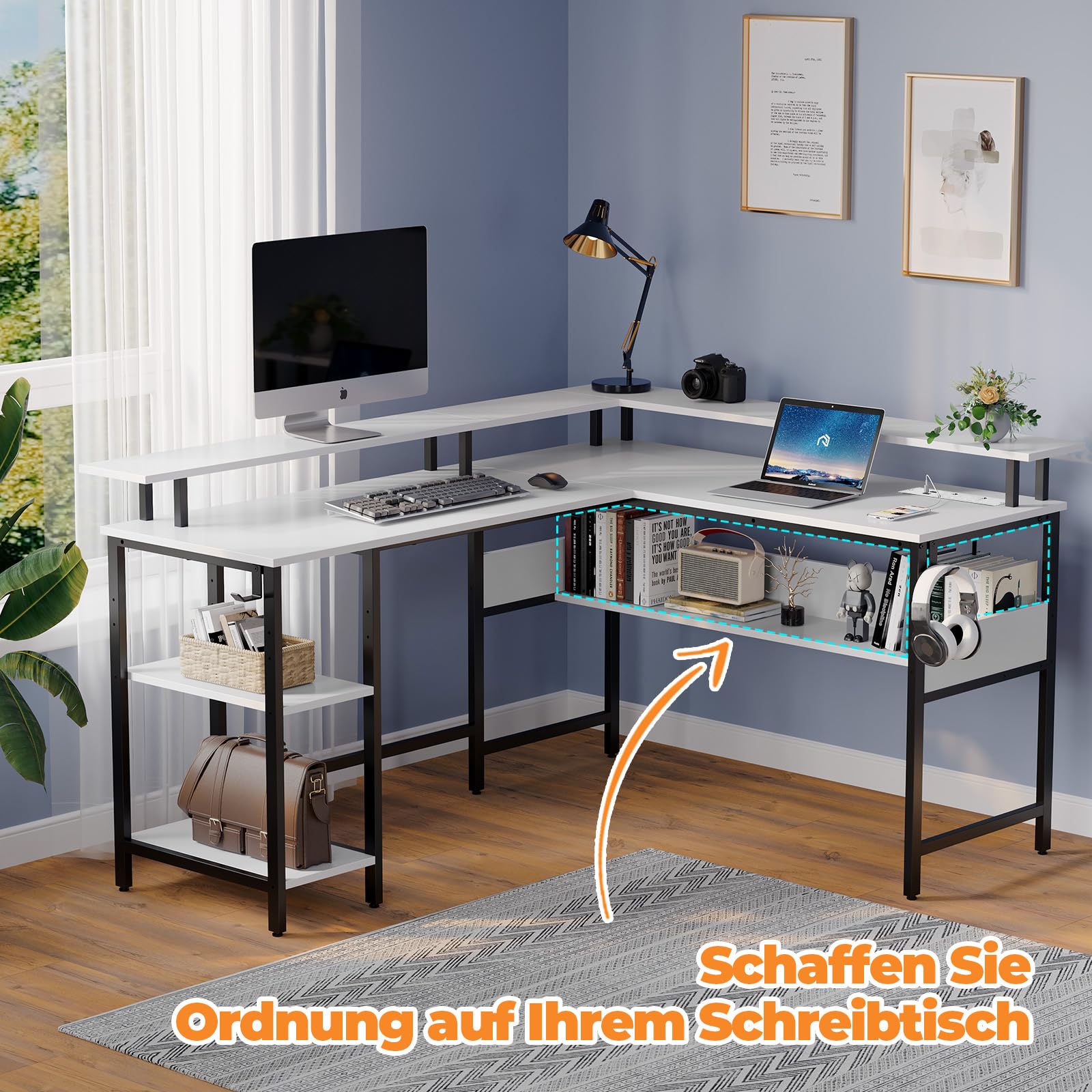 Rolanstar Gaming Schreibtisch L Form mit LED & Steckdosen, Gaming Tisch mit Monitorständer & Ablagefläche, Eckschreibtisch mit 2 Haken, Reversibler Computertisch Groß für Büro(weiß, 137 x 108cm)