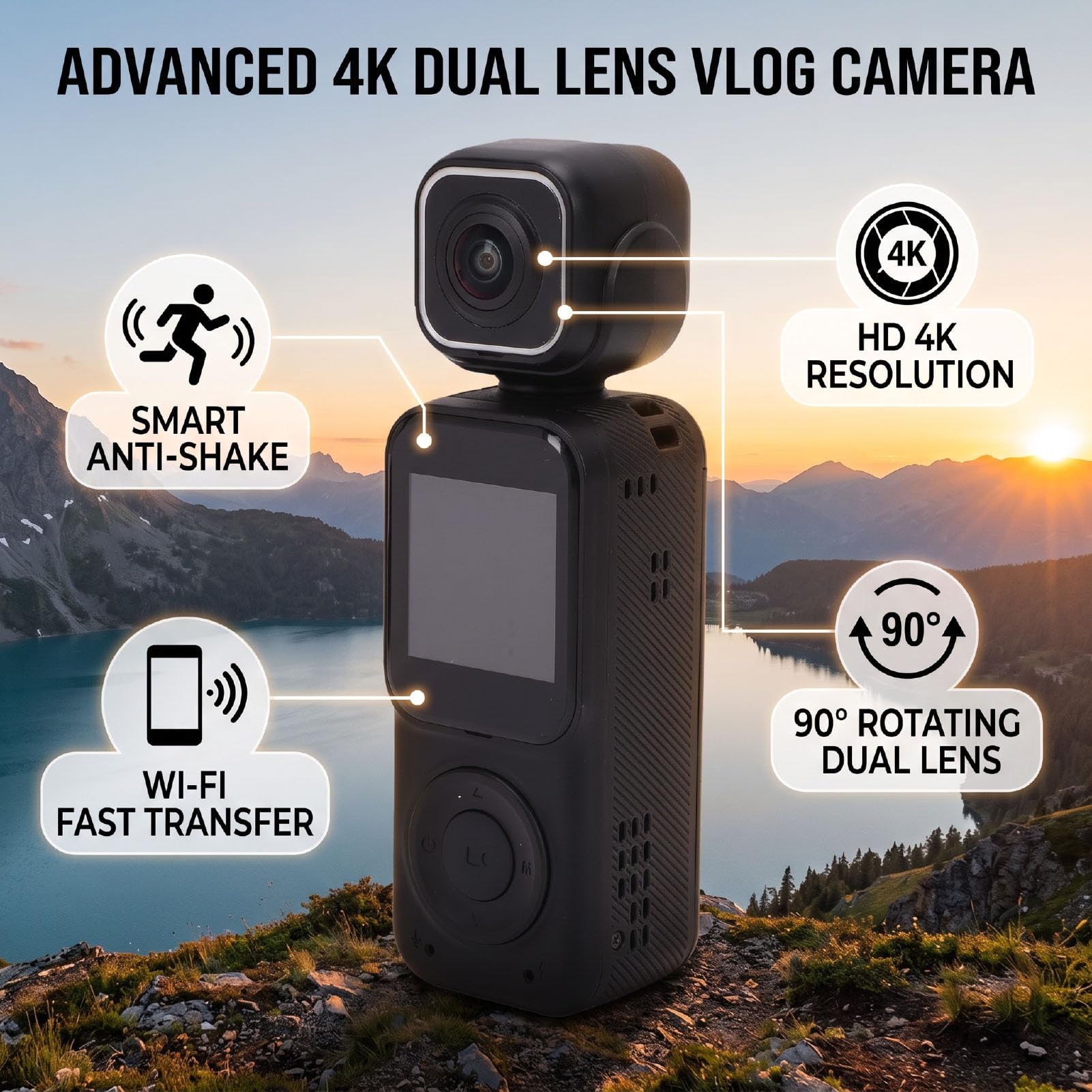 Tbest Videocamera 4K Rotazione 90 Gradi, Doppia Obiettivo | Registrazione Vlog, Lega di Alluminio ABS, Uso con Treppiede da Casco Outdoor, Supporto WiFi App, Compatibile e IOS,
