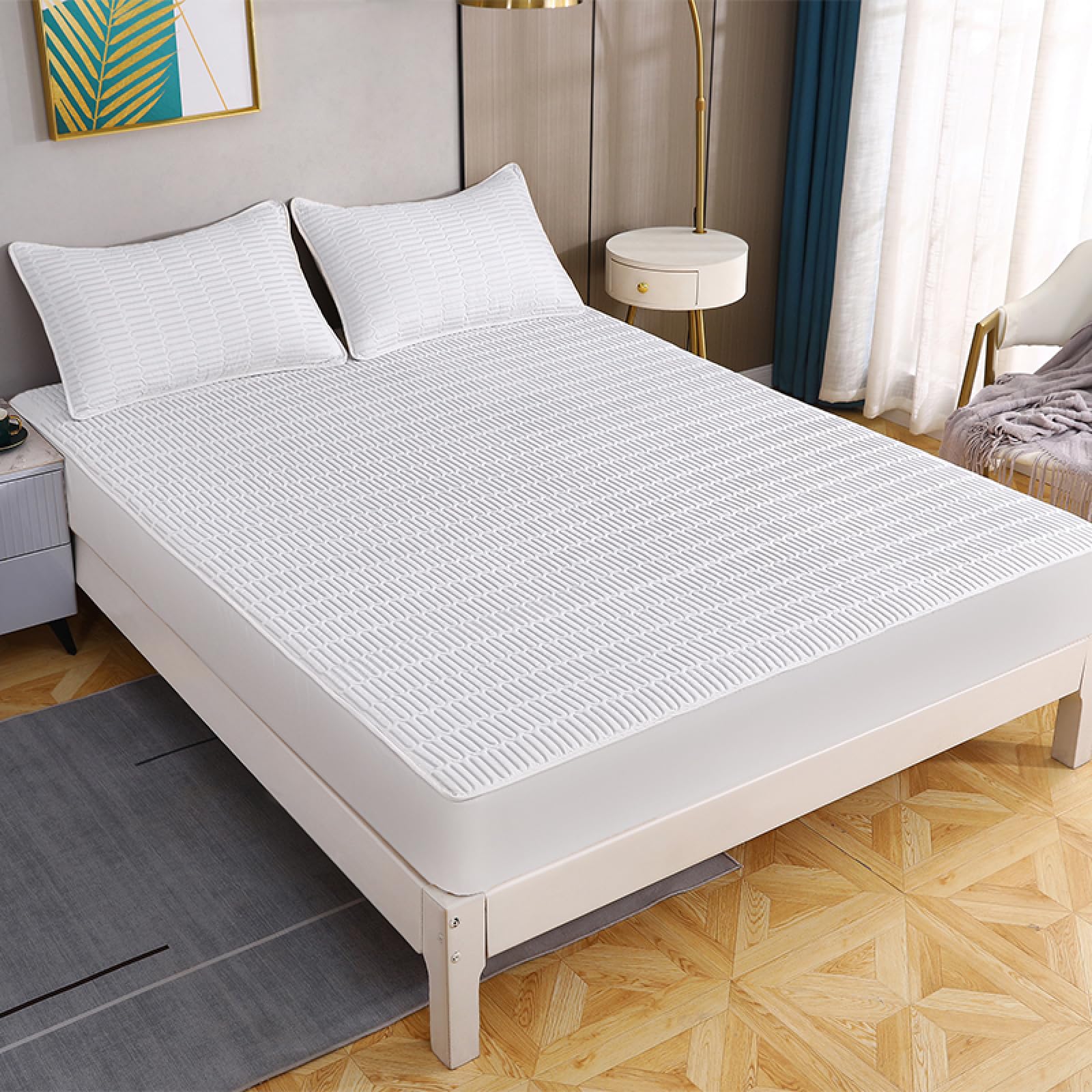 Protector de Colchón,Sábana Ajustable Acolchada Engrosada De Color Sólido, Funda De Cama con Somier con Estampado Animal para Habitación De Niños, Blanco 2,180x200cm+25cm (3 Piezas)