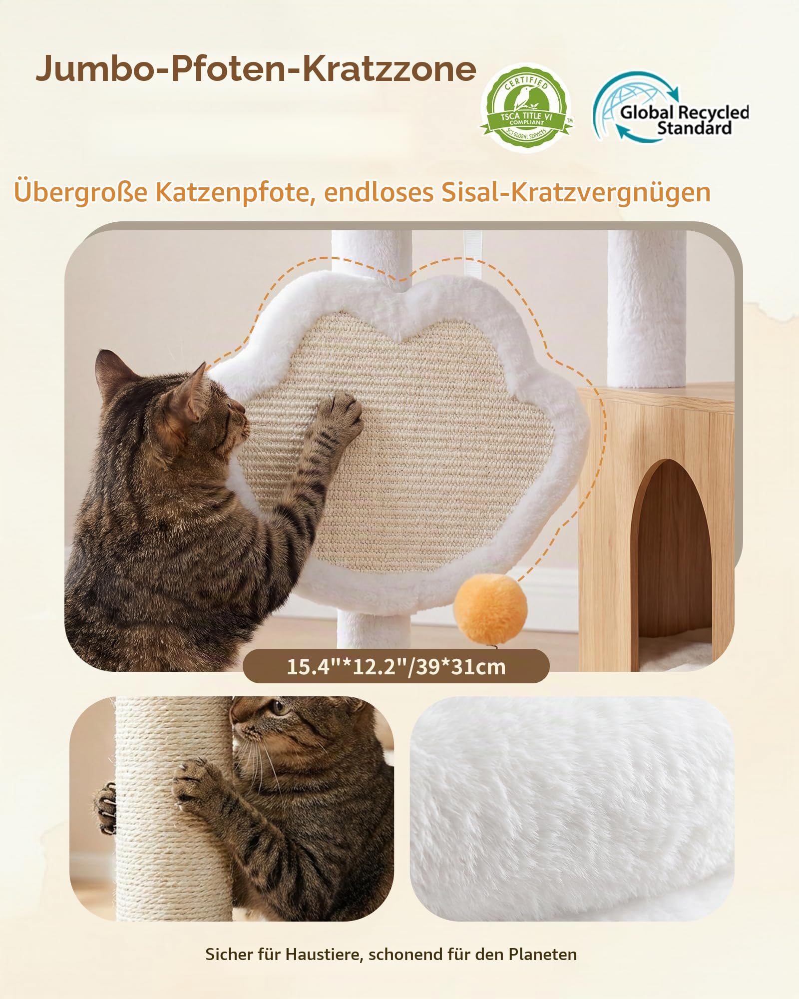 Heybly Kratzbaum mit Katzentoilette Versteck, 162 cm Katzenbaum für Wohnungskatzen, moderner Katzenkratzbaum aus Holz mit Katzenhaus, Liegeflächen, Kratzbrett, Spielzeug, Eiche Weiß HCT105BT