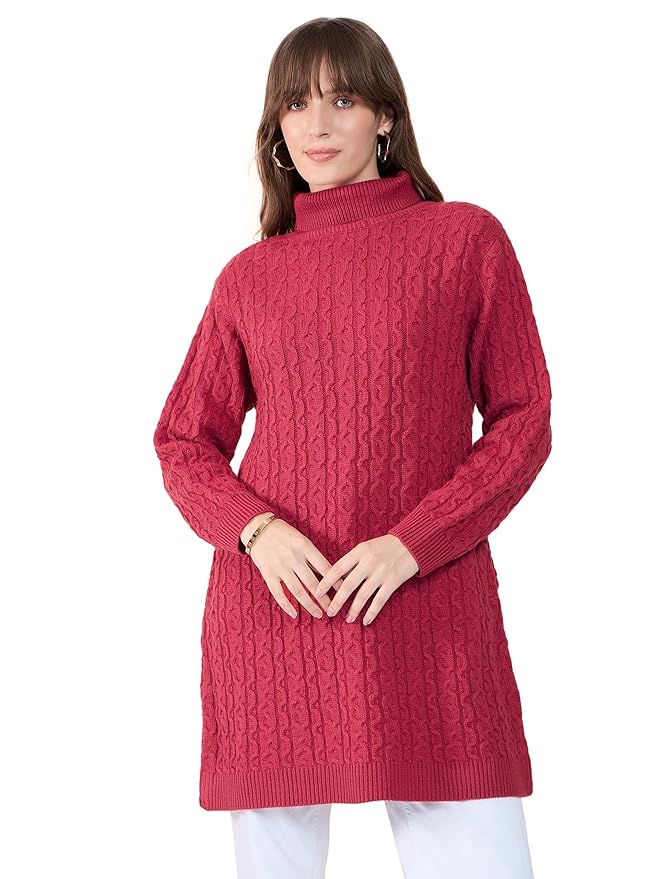 Clapton High Neck Cable Knit Woolen Long Jumper Dress, Knitted Wool Blend, Full Sleeves, Self Design