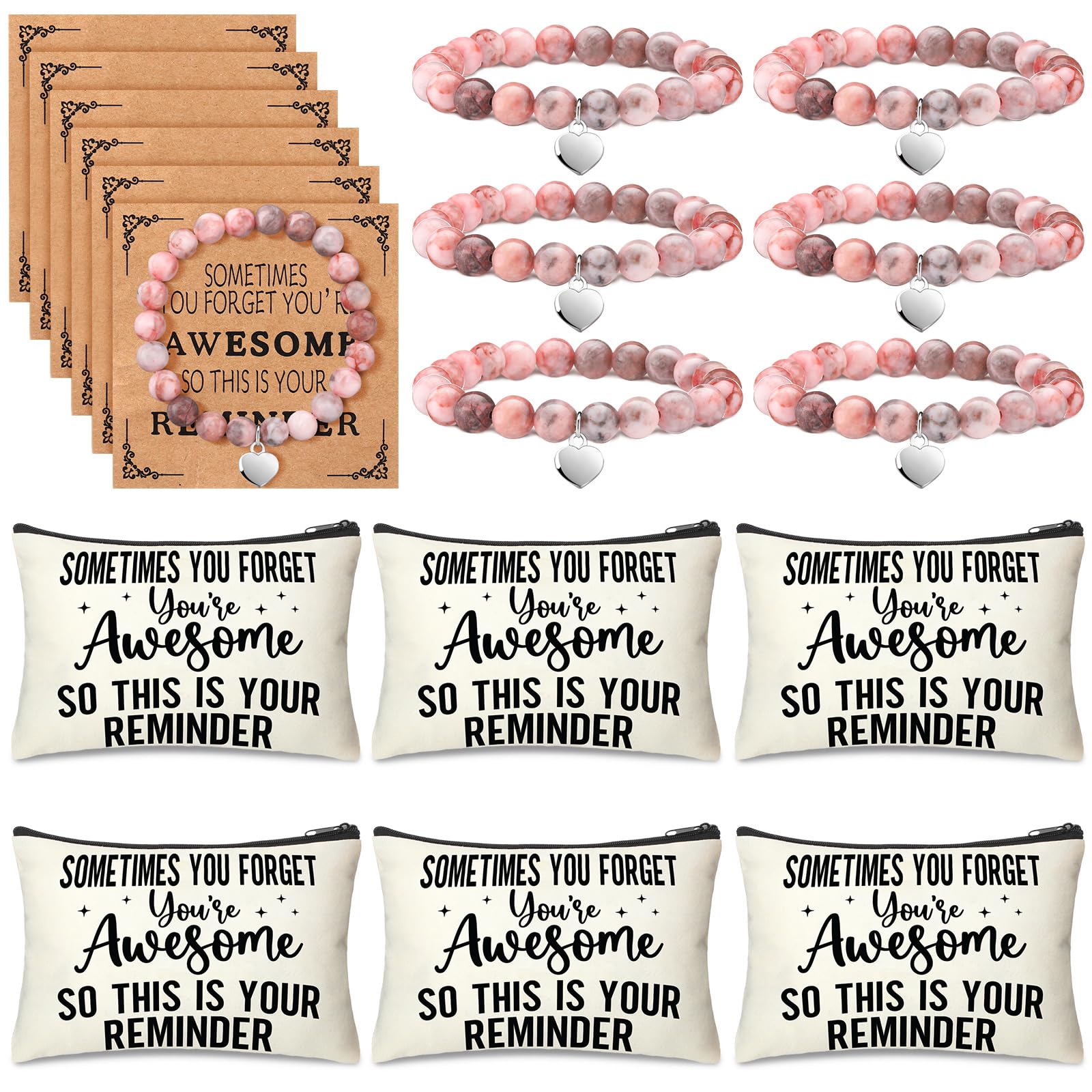 Tondiamo 6 Sets/18 Pcs Valentine Employee Appreciation Gifts Bulk for Women Include 6 Appreciation Heart Bracelets, 6 Cards 6 Canvas Makeup Bags for