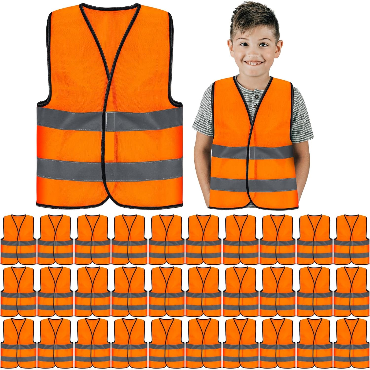 Zhanmai 30 Pcs Kids Safety Vest Bulk High Visibility Reflective Construction Vest with Strips Neon for Traffic Child Outdoor (Yellow)