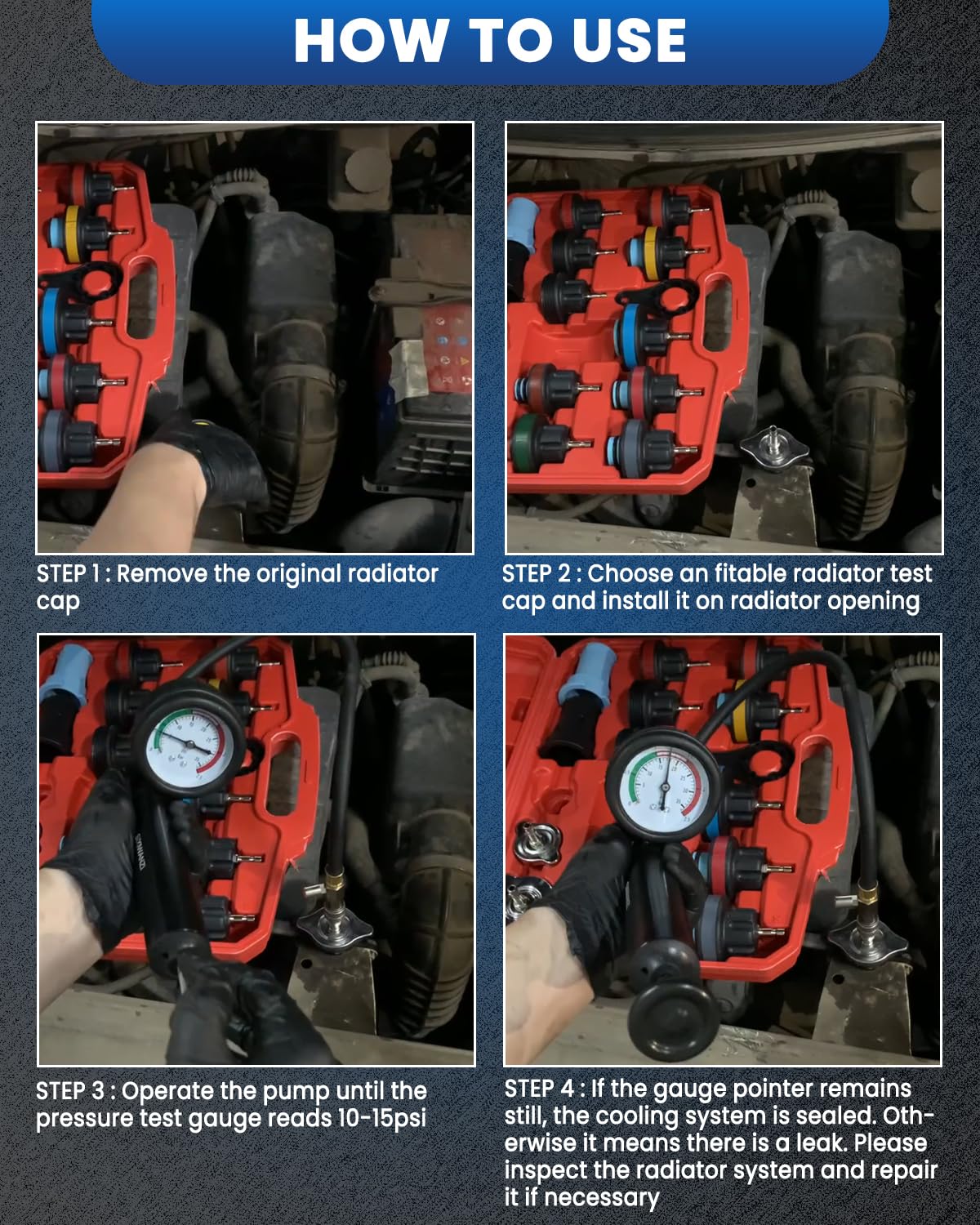 SIXIWANZI 18pc Universal Radiator Pressure Tester Kit,Coolant Pressure Tester kit with 13 Radiator Adapters for Automotive Cooling System Water Tank Leakage Detection