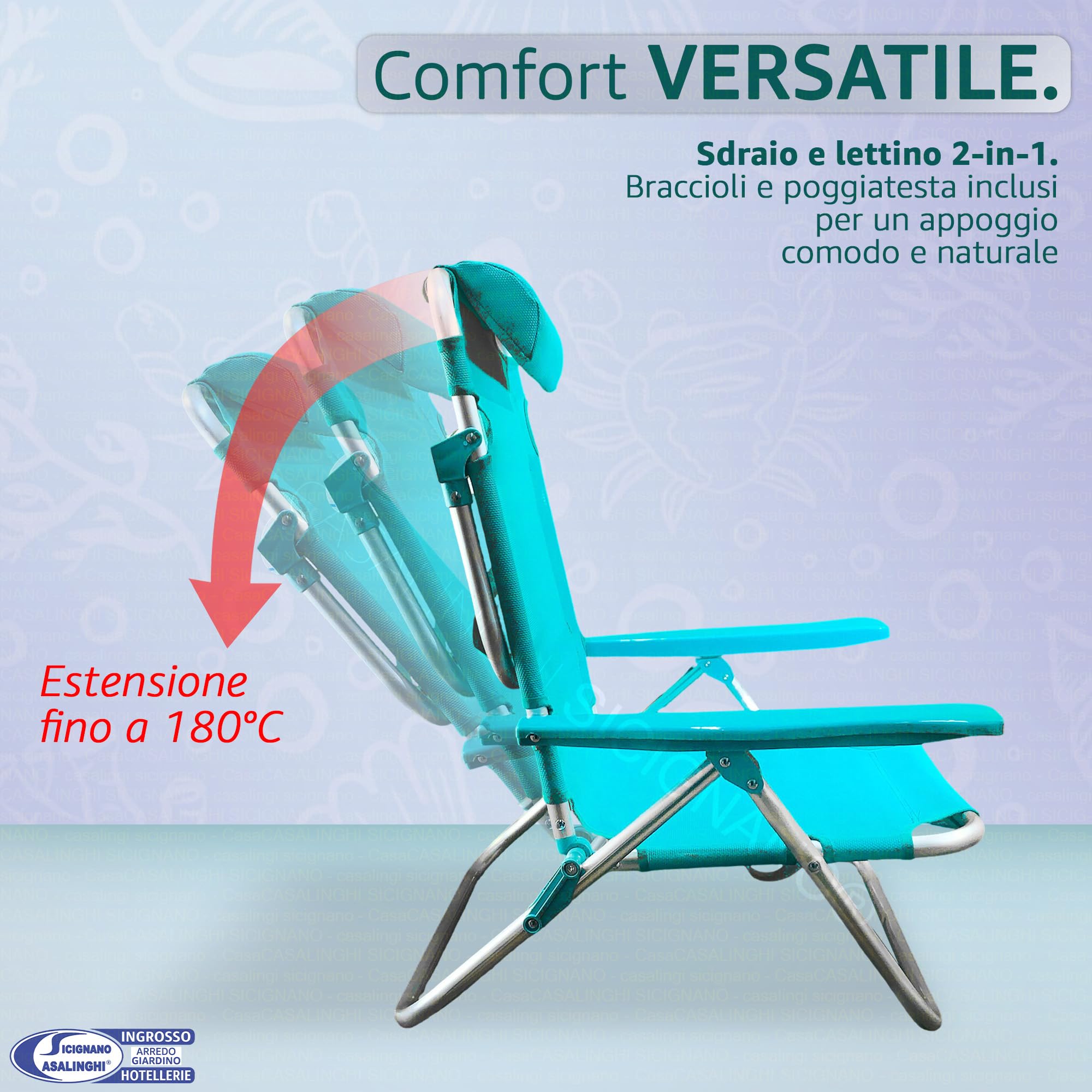 Sicignano Sdraio Pieghevole, Spiaggina in Alluminio e Texilene con Braccioli e Poggiatesta, 63 x 55 x 79-61 h cm, Portata 110 kg, per Mare Giardino Campeggio, Turchese