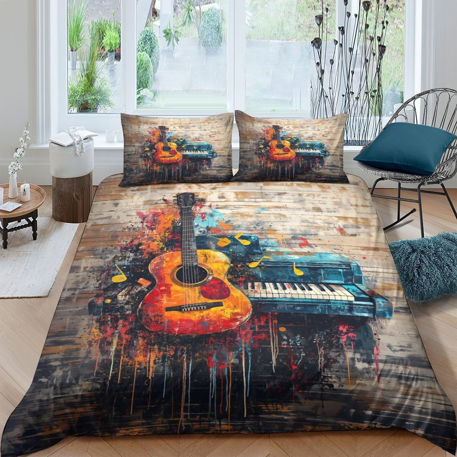 Ctjqhvkz Style-4 3D Printed Guitar Art Fitted Sheet Microfiber Soft Breathable Piano Keys Mattress Cover For Bedroom Dorm Decor Single（135X200cm）
