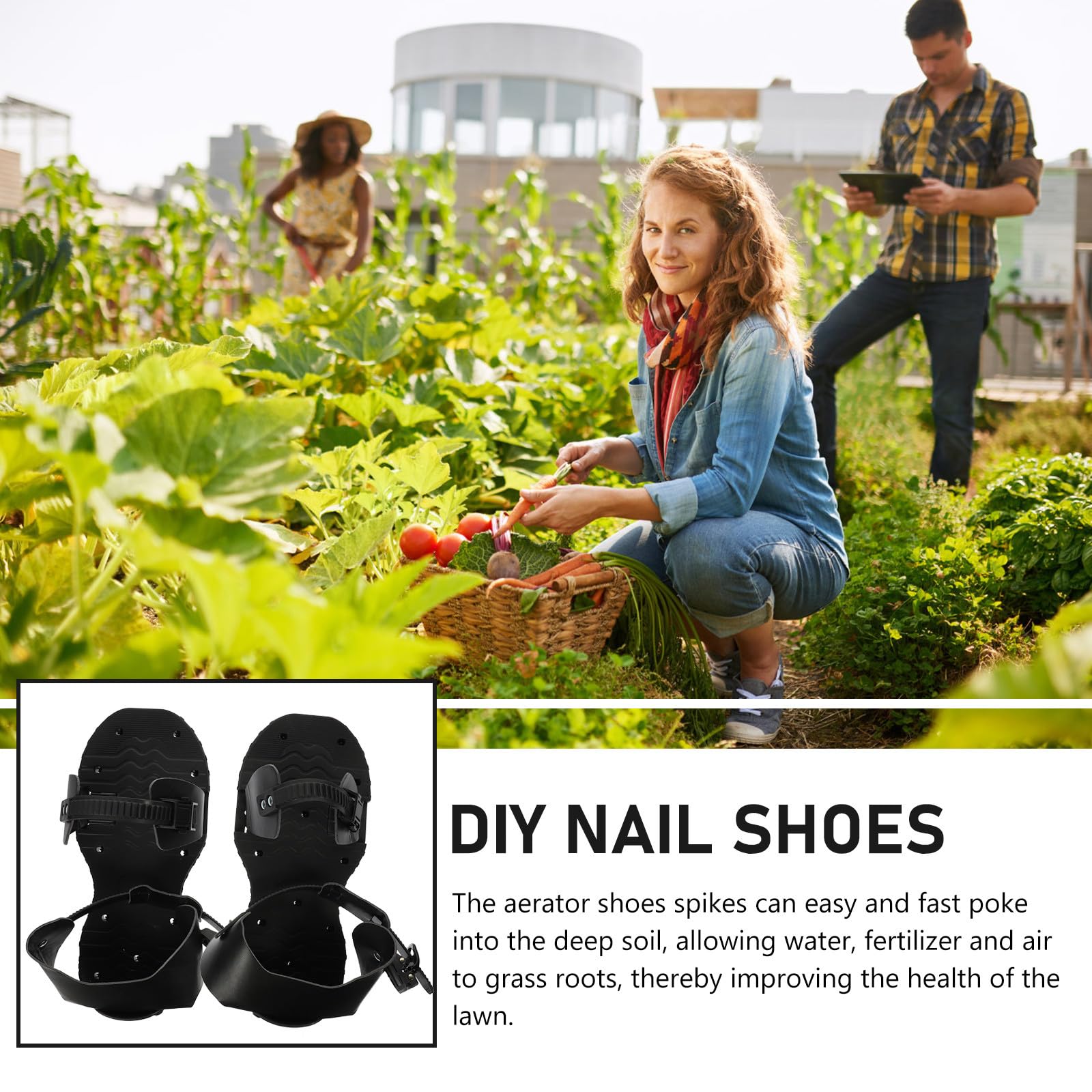 ORFOFE Zapatos Aireadores para Césped Negro de PU Correas Ajustables para Jardinería, Herramienta Manual Heavy Duty para Airear Suelo en Jardín