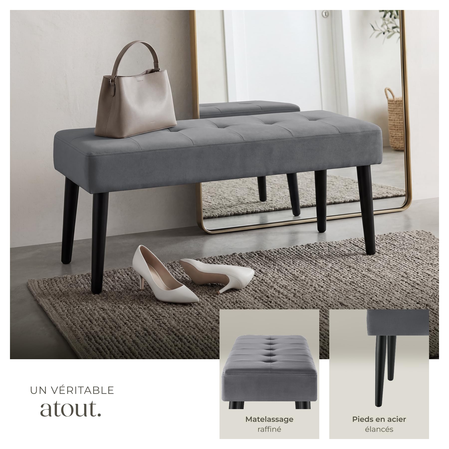 tectake® Banc rembourré 95 x 38 x 45 cm, Motif matelassé, Charge max. 220 kg, Banquette au montage rapide et facile d’entretien, Bout de lit, Meuble Salon Chambre Entrée Dressing - Aspect Velours Gris