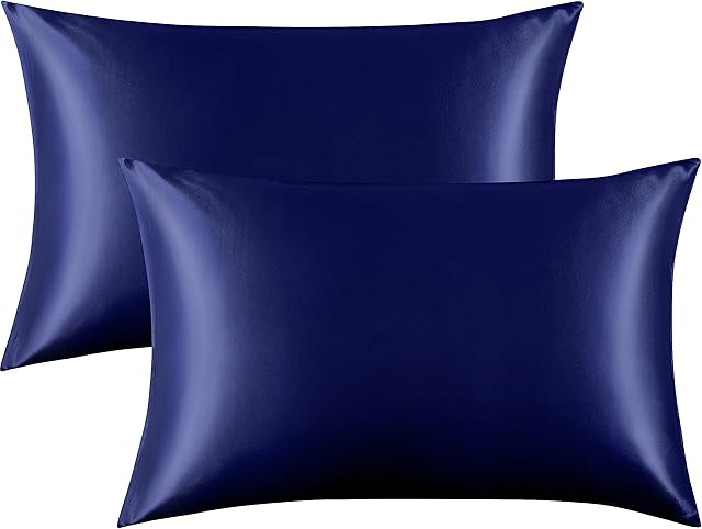 FLXXIE 2 Pack Satin Pillowcases for Skin and Hair, Luxurious and Silky Queen Pillow Cases with Envelope Closure, Navy Blue, 50x75 cm