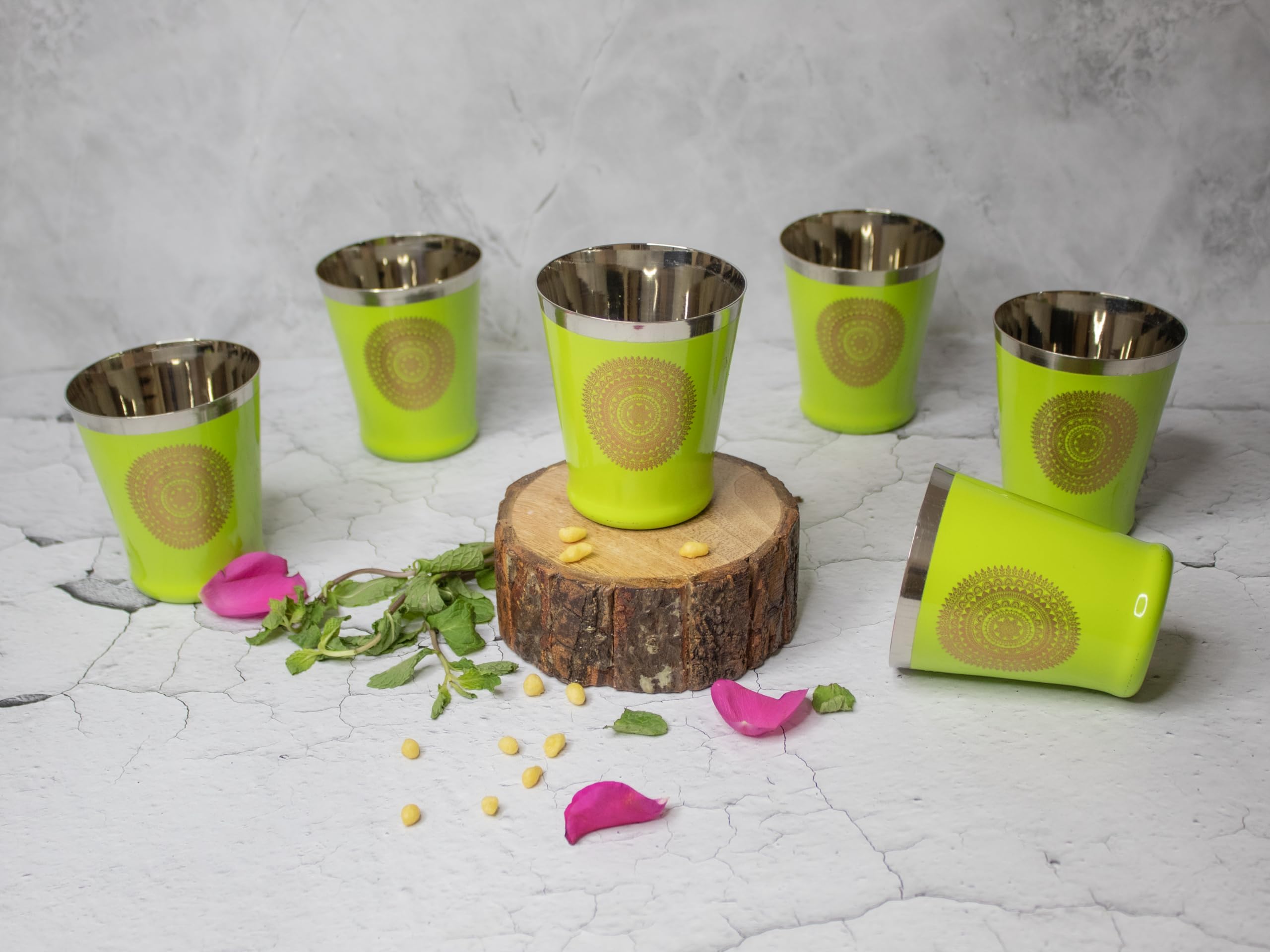 JISCOVERY Stainless Steel Printed Glasses Set of 6 for Water, Milk, Chach & Juice| Designer Bucket Shaped Serving Glass Set| Glass Tumblers| Green| Capacity- 300 ML (Each) (B0CZJLNVHX) Amazon Price History, Amazon Price Tracker