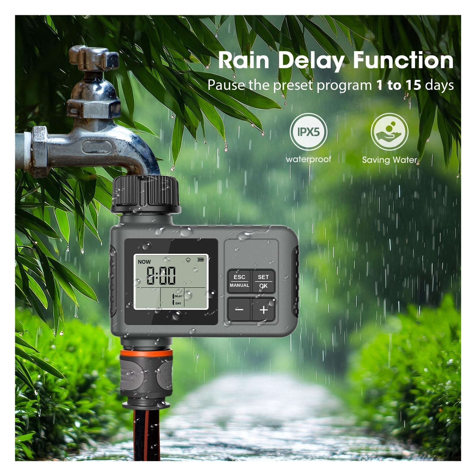 Water Timer LCD IPX7 Sistema di irrigazione da giardino intelligente | Temporizzatore di irrigazione automatico con display LCD for sistemi da giardino.(BSPT with button)