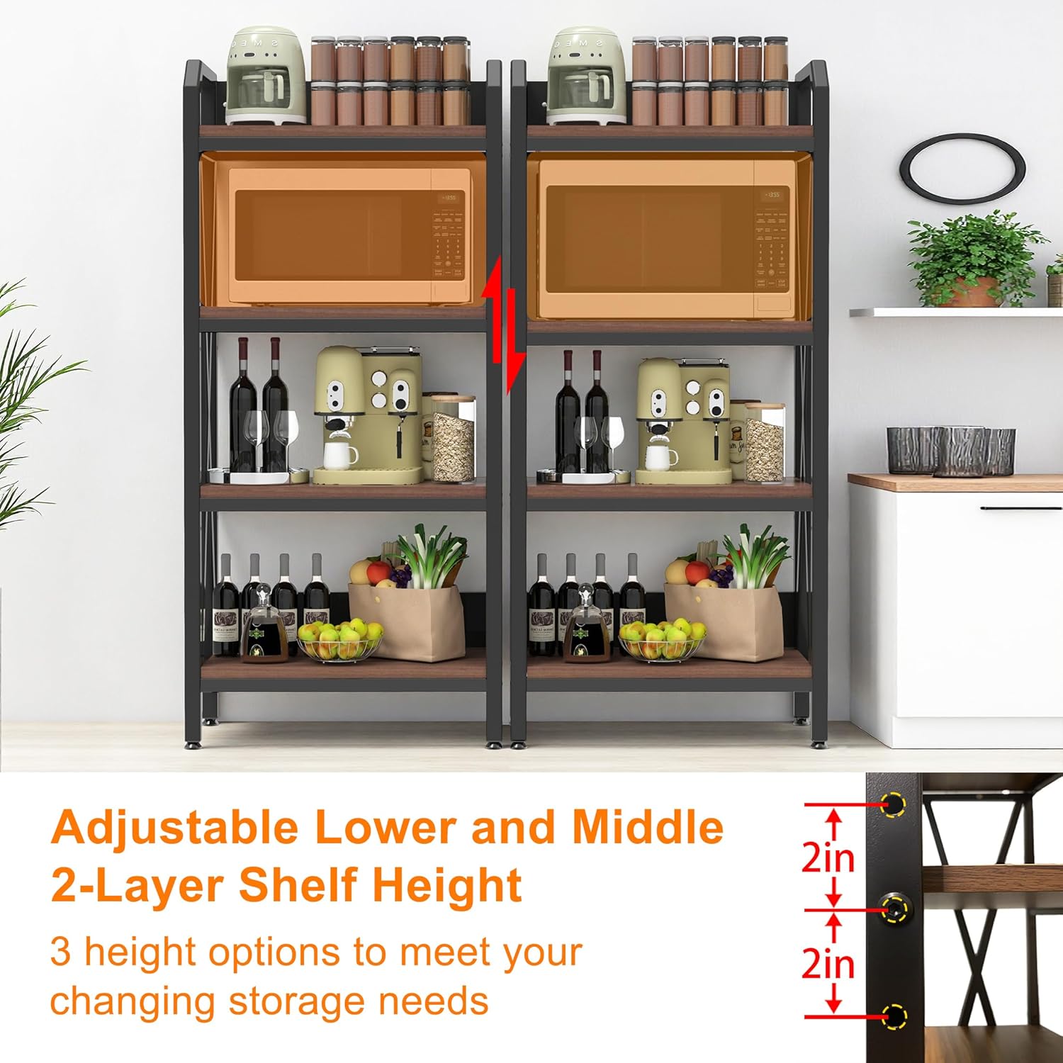 4-Tier Bakers Rack, 56" Kitchen Storage Shelf, Metal & Wood Open Shelving Unit for Pantry, Garage, Bathroom, Living Room - Adjustable Freestanding Organizer, Black Brown