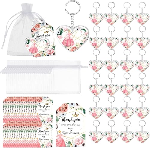 Sureio 38 juegos de recuerdos de fiesta de quinceañera para invitados, llavero de corazón rosa, regalos de quinceañera para niña, princesa,
