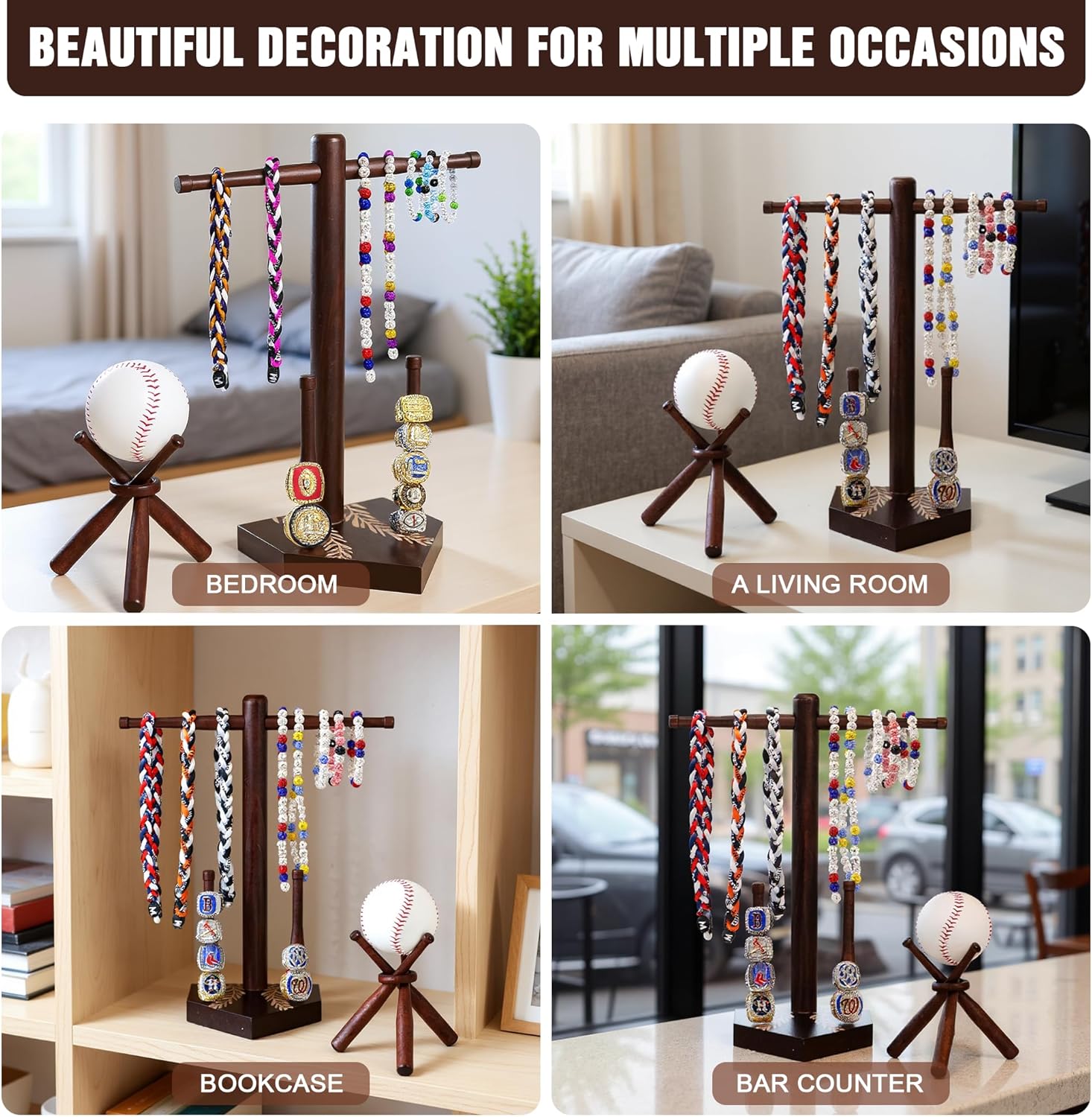 SkillDance Wooden Baseball & Softball Ring and Necklace Holder, Championship Ring Display with Baseball Stand, 3-in-1 Home Plate Baseball Jewelry Organizer, Gift for Baseball Players & Fans - Image 7