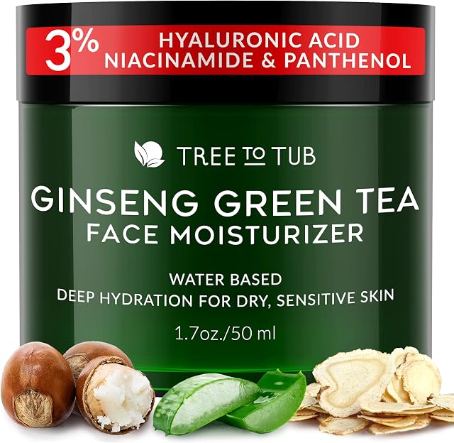 Tree To Tub Hydrating Face Moisturizer for Dry & Sensitive Skin - Water Based Hyaluronic Acid Facial Moisturizer, Face Cream for Women & Men with Aloe, Green Tea & Ginseng