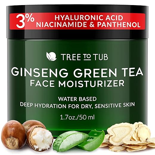 Tree to Tub Hydrating Face Moisturizer - Water-Based Hyaluronic Acid, Vitamin C & E, Organic Aloe, Green Tea, Natural Ginseng for Dry & Sensitive Skin
