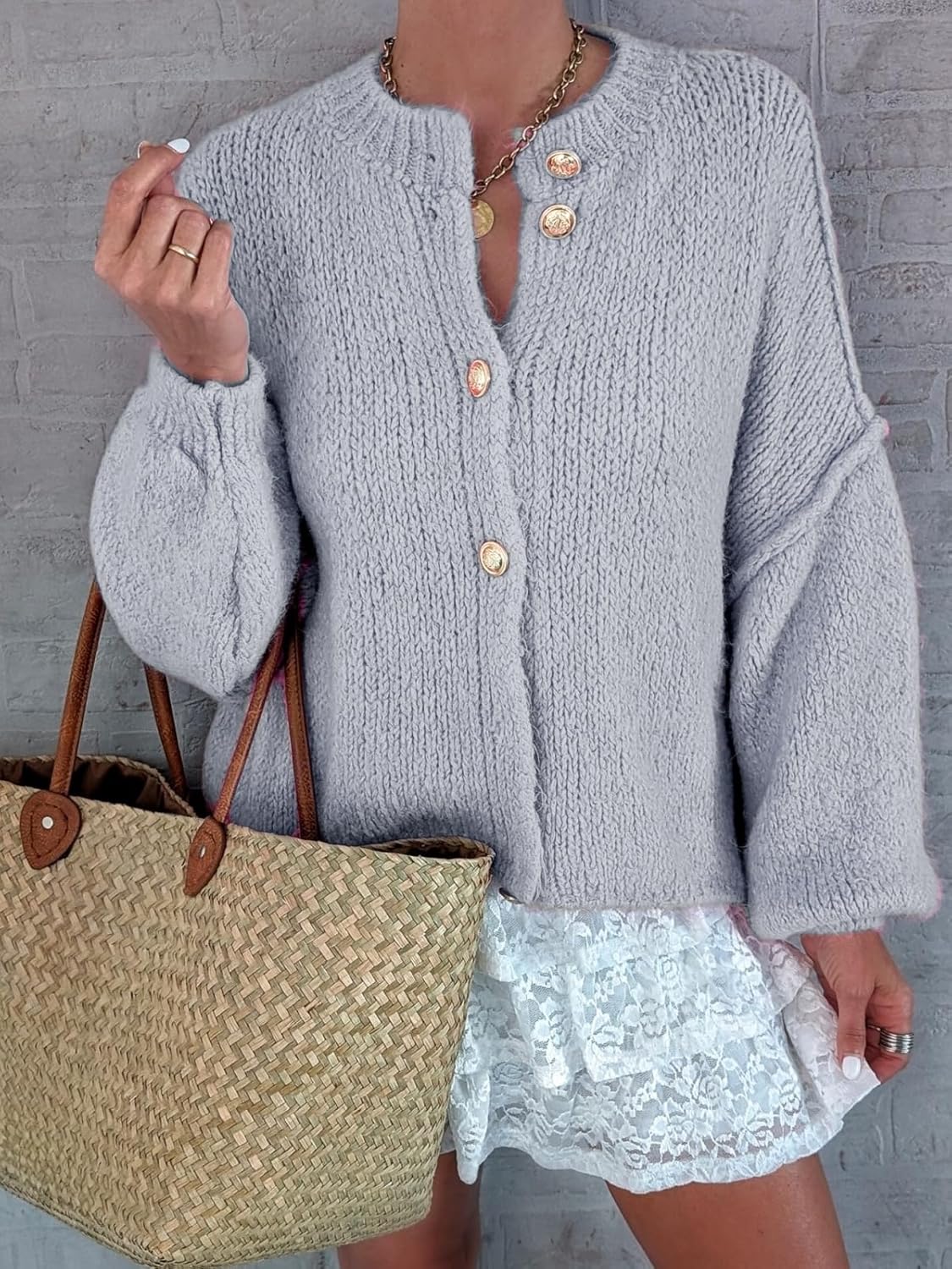 Womens Button Up Chunky Cardigan Sweater 2025 Oversized Lantern Sleeve Cozy Slouchy Coats - Image 5