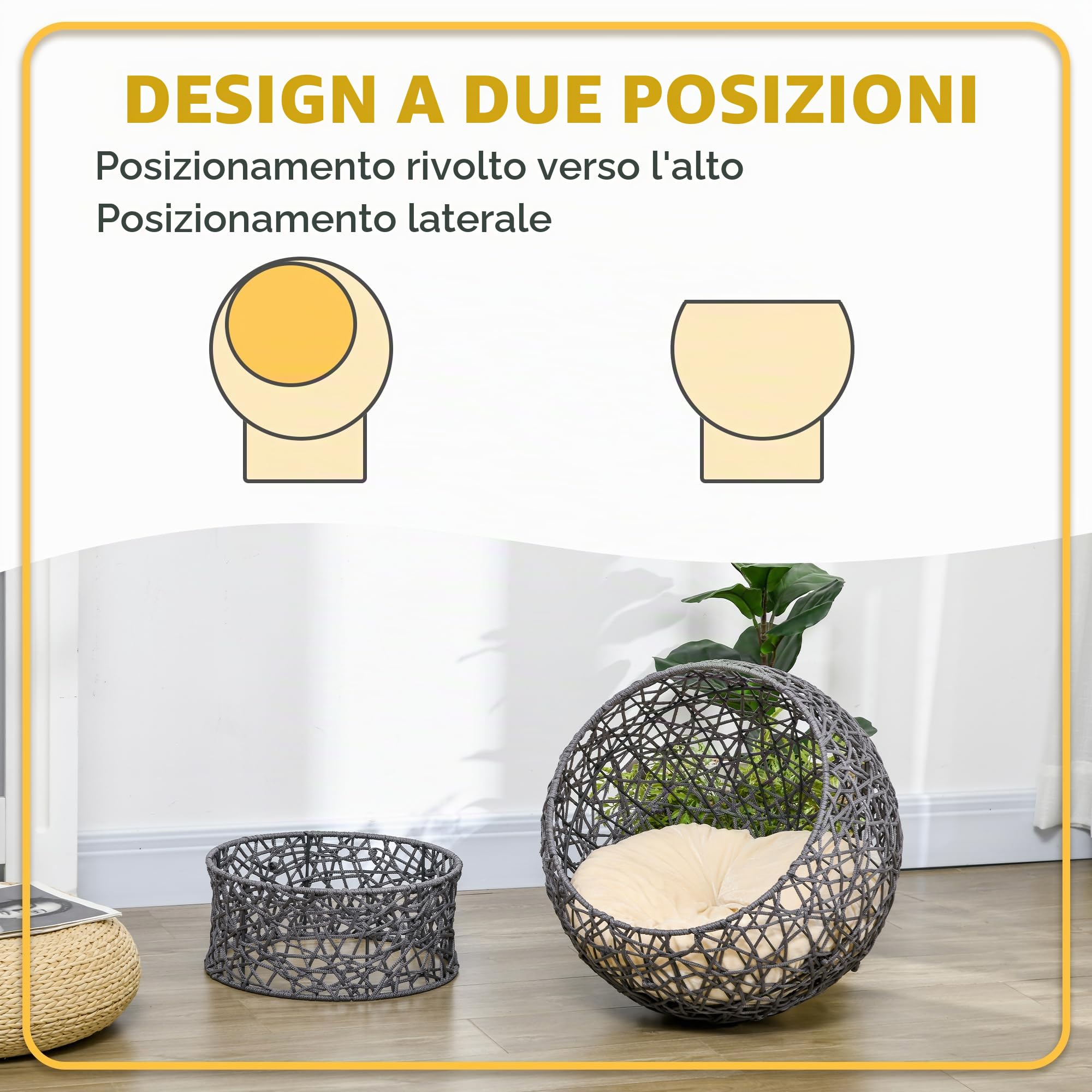 PawHut Cuccia per gatti con cuscino, cuccia per gatti in corda di poliestere, cuccia per gatti con base cilindrica, letto per animali domestici, viola+bianco crema, 50 x 50 x 60 cm