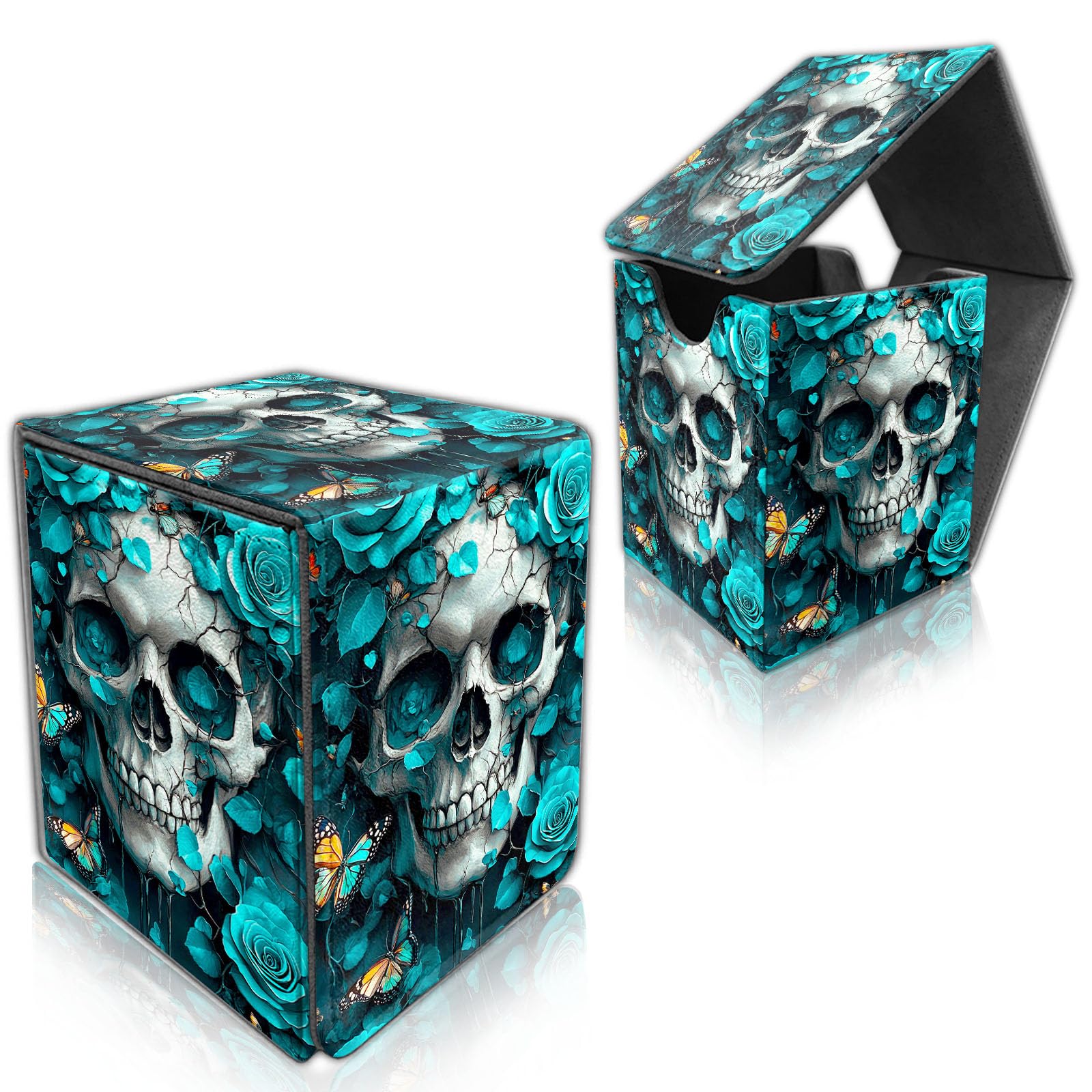 DISUOFEART for MTG Deck Box, Trading Card Storage Case Holds 100+ Sleeved Cards, Skull with Turquoise Roses Magnetic Closure Durable Deck Holder for Magic The Gathering, TCG & Commander