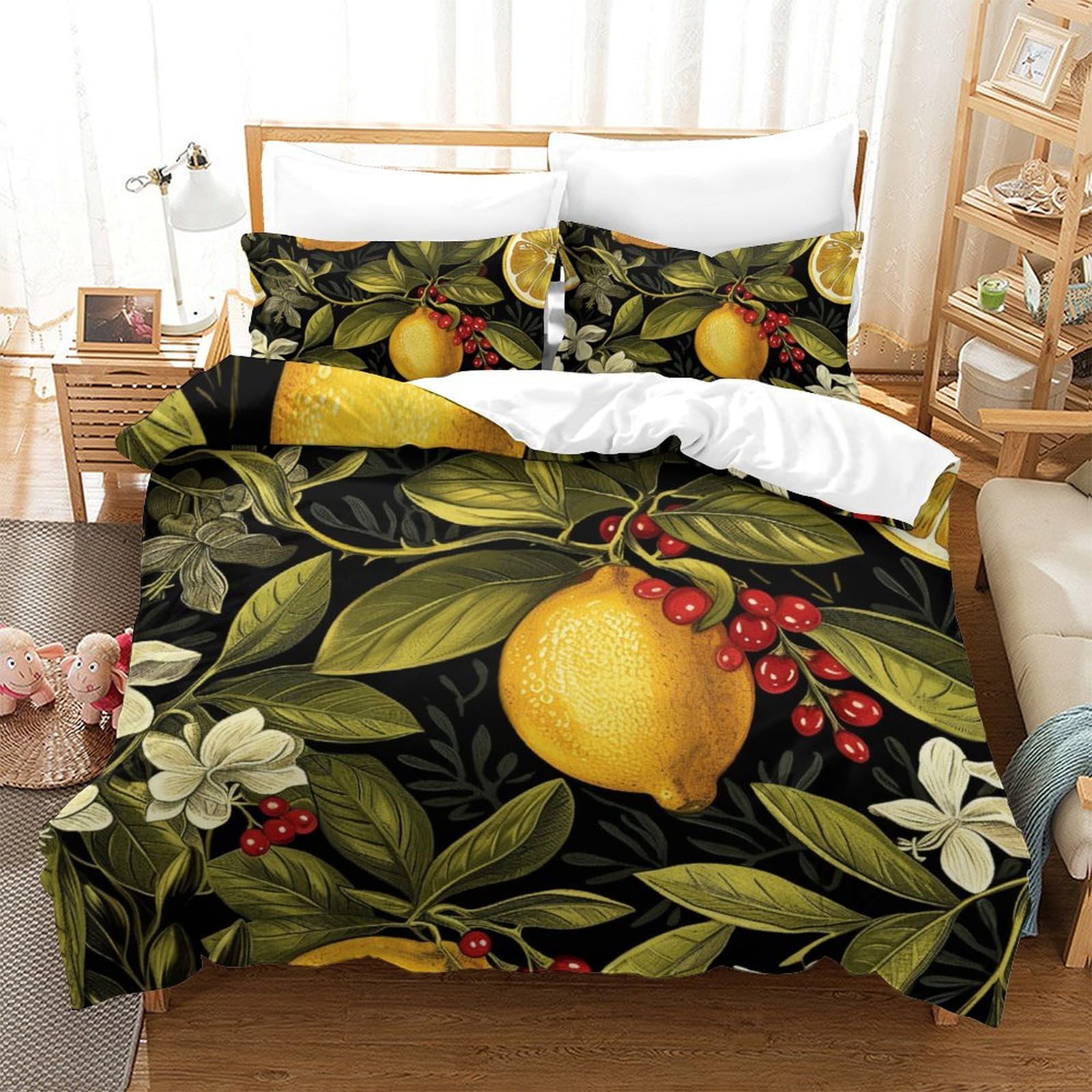 Housse de couette microfibre 200x200 motif citron avec taies d'oreiller pour lit double enfant