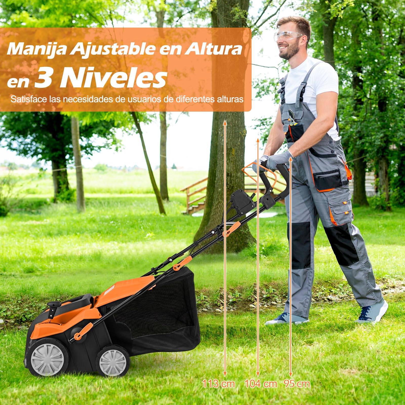 GOPLUS Escarificador Eléctrico, Cortacésped de Empuje con Ajuste de Profundidad de 5 Posiciones, Bolsa de Recolección Desmontable 55 L, Rastrillo Eléctrico Plegable para Cuidado del Césped (Naranja)