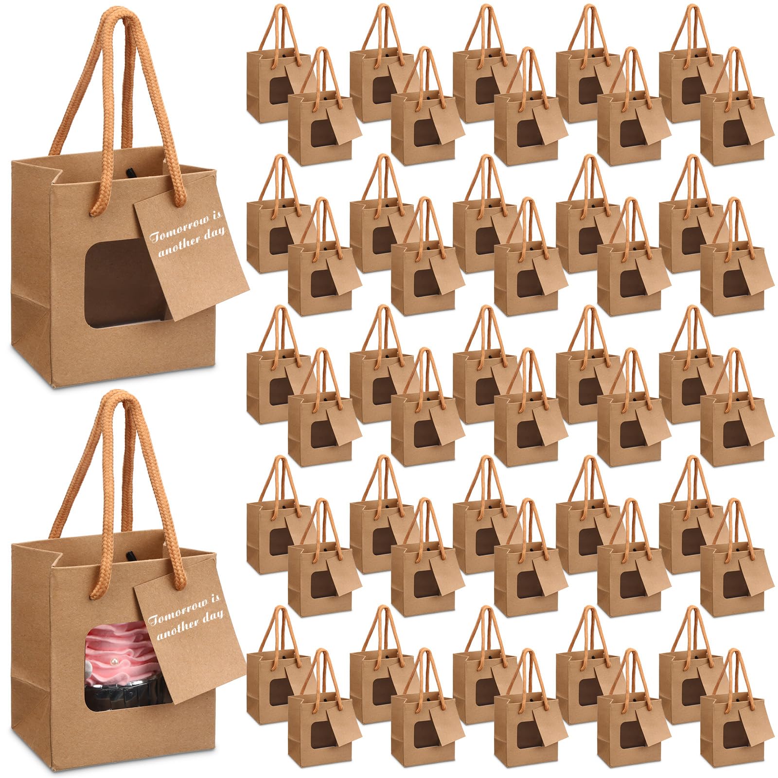 Fuutreo 50 Pcs Brown Kraft Paper Gift Bags with Window 4 x 2.75 x 4.5 In, Handles & Tags for Wedding, Valentine's, Mother's Day Gift Wrap