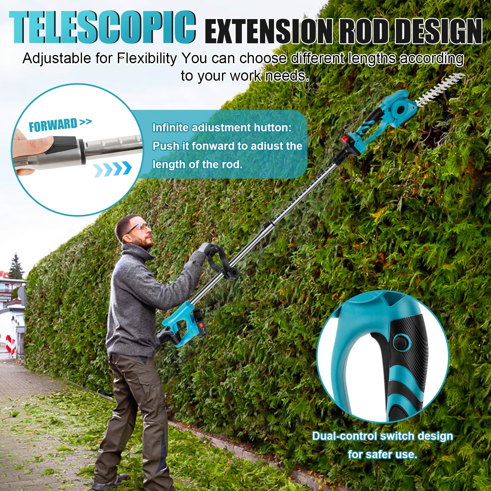 3 en 1 Cortasetos telescópicos con 2 x 2000mAh Baterías, Arbustos Cortacésped y Cortasetos, Longitud de Cuchilla 220 mm y 130 mm, Cabezal Ajustable 90° para Podar Setos y Arbustos