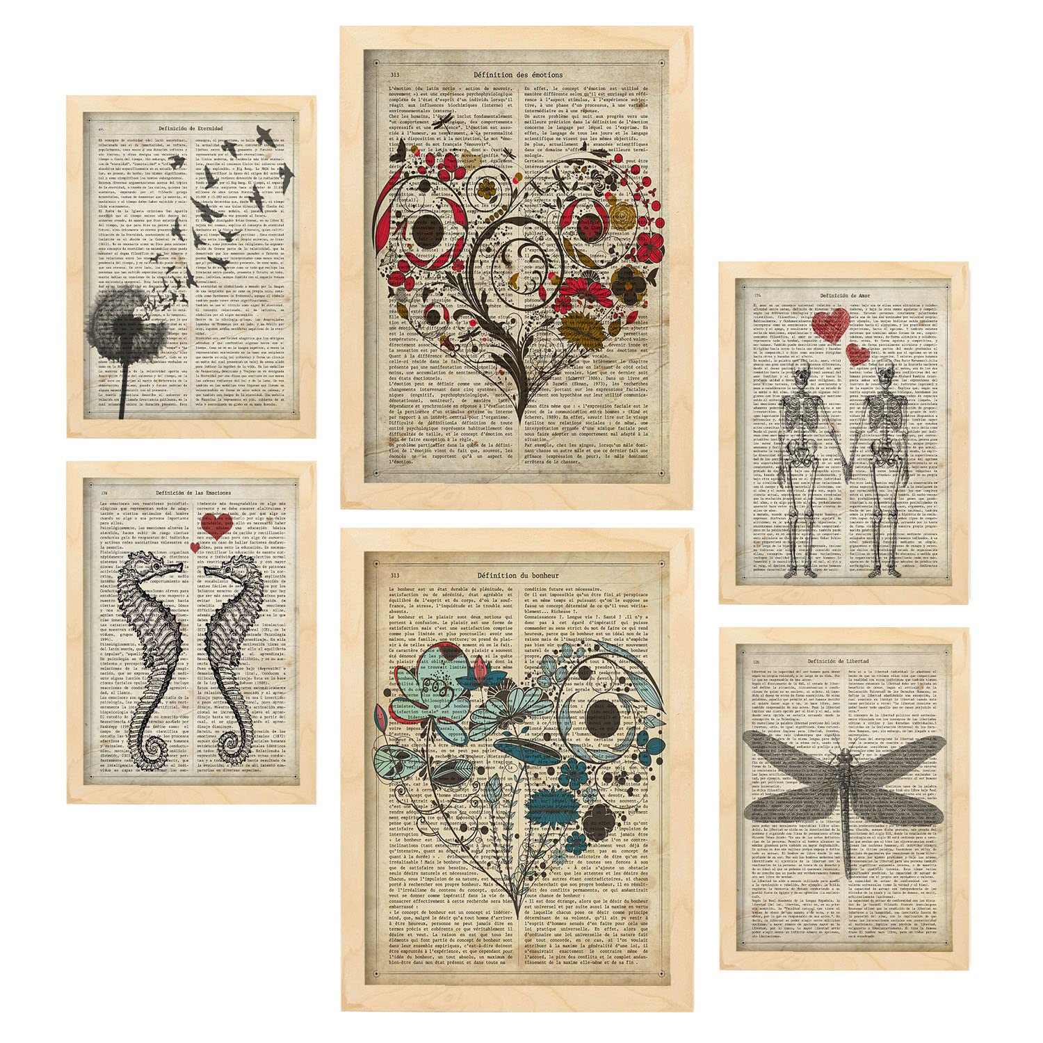 Nacnic Set of 6 posters Vintage Text Love. Collection of posters in collage aesthetic for interior decoration. Sizes A3 and A4. Light wood frames.