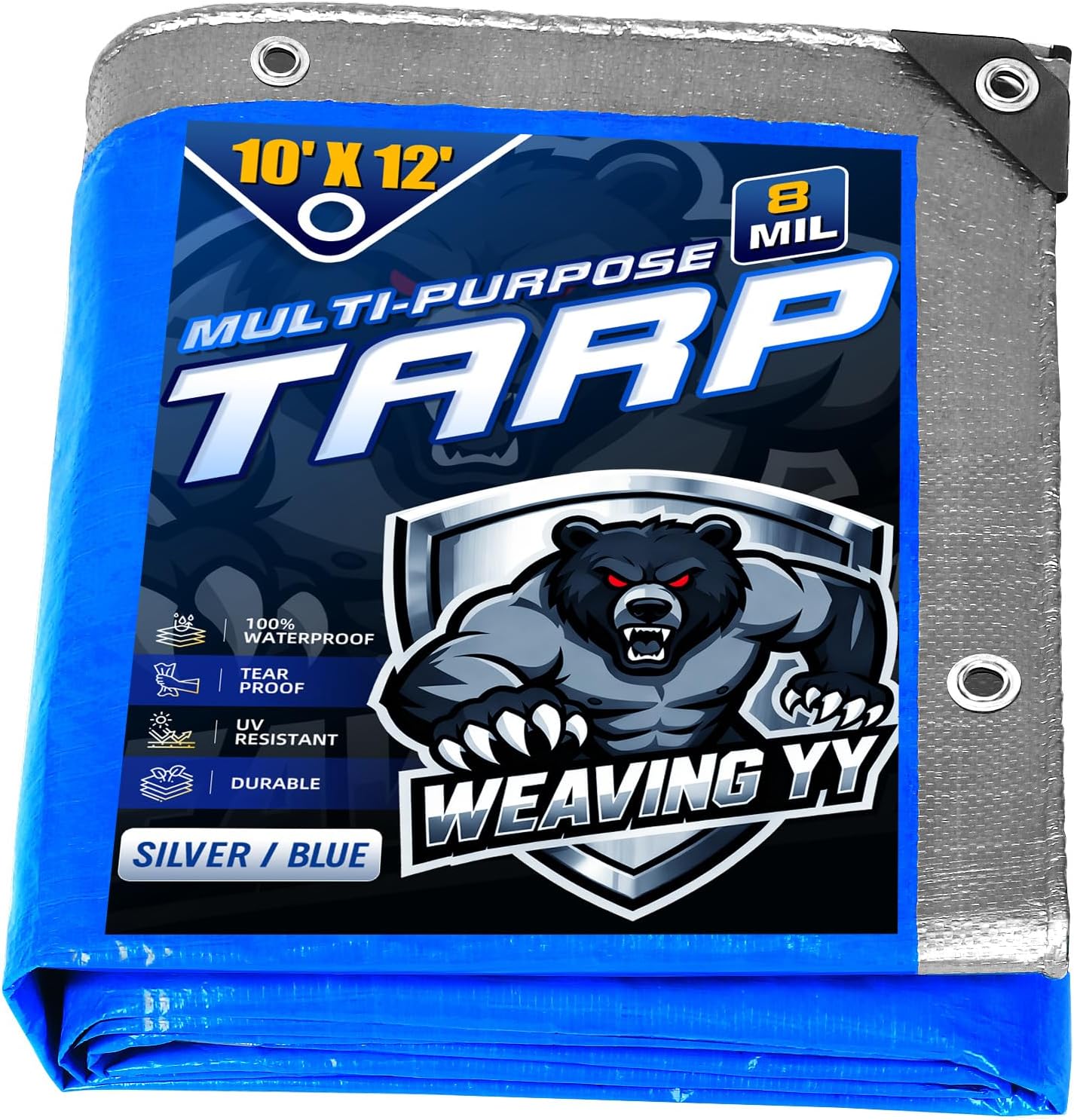 Tarps Waterproof 10'x12', 8 Mil Thick Poly Tarps, High Durability, Rip and Tear Resistant, UV Resistant for Outdoor