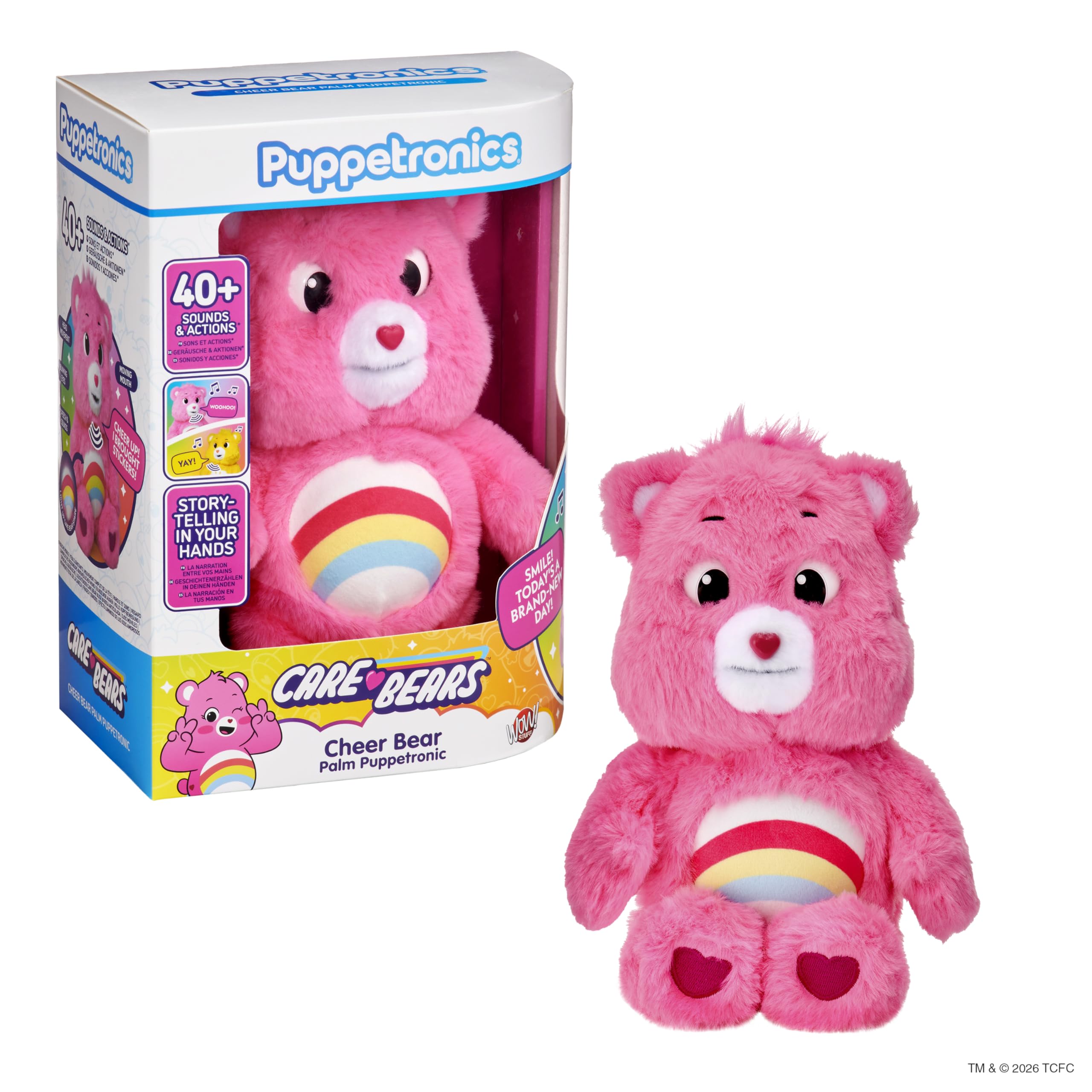 WOW! STUFF Care Bear Cheer Palm Puppetronic, Feature Plush Interactive Soft Toy, Talking Plush with Sounds and Actions, Head Touch Sensor, Moving Eyes Mouth and Head, Ages 6 Plus