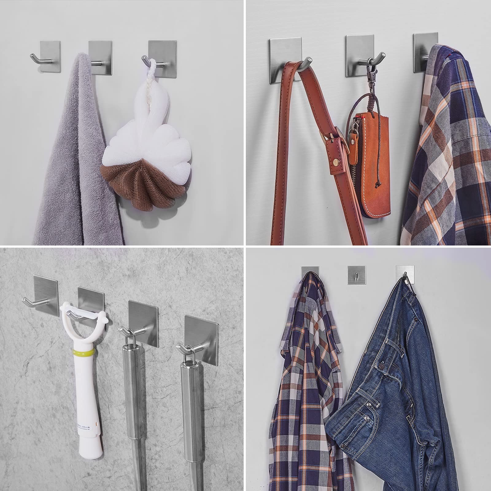 FOMANSH Selbstklebender Haken, Handtuchhaken ohne Bohren, starker rostfreier Edelstahl Wandhaken, Halter am Wand, Aufbewahrung für z.B. Schlüssel Handtuch Kleid, für Bad Toilette Küche Büro, 4 Packs