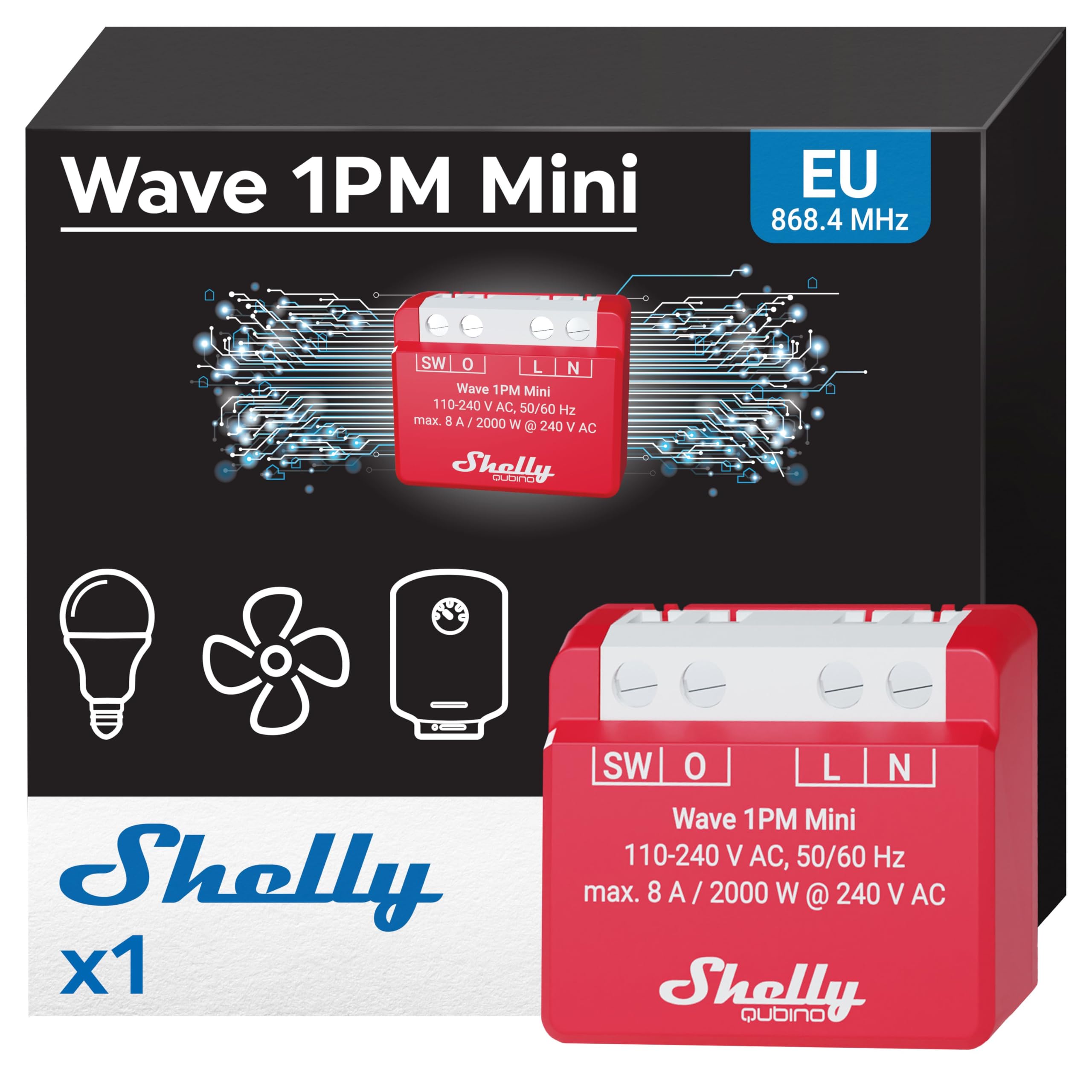 Shelly Wave 1PM Mini - Z-Wave Smart Switch Relay, 1 Channel, 8A, Power Metering, Home Automation, Lights Remote control, Z-Wave Hub Required, SmartStart, Consumption Monitoring